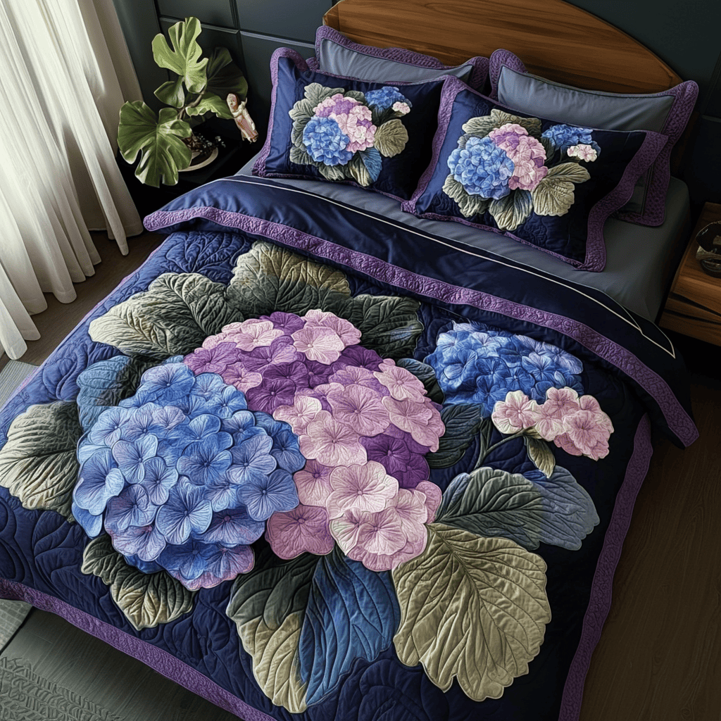 Hydrangea Bloom Quilted Bedding Set Best King Bed Sheets Father'sDay Present Ideas