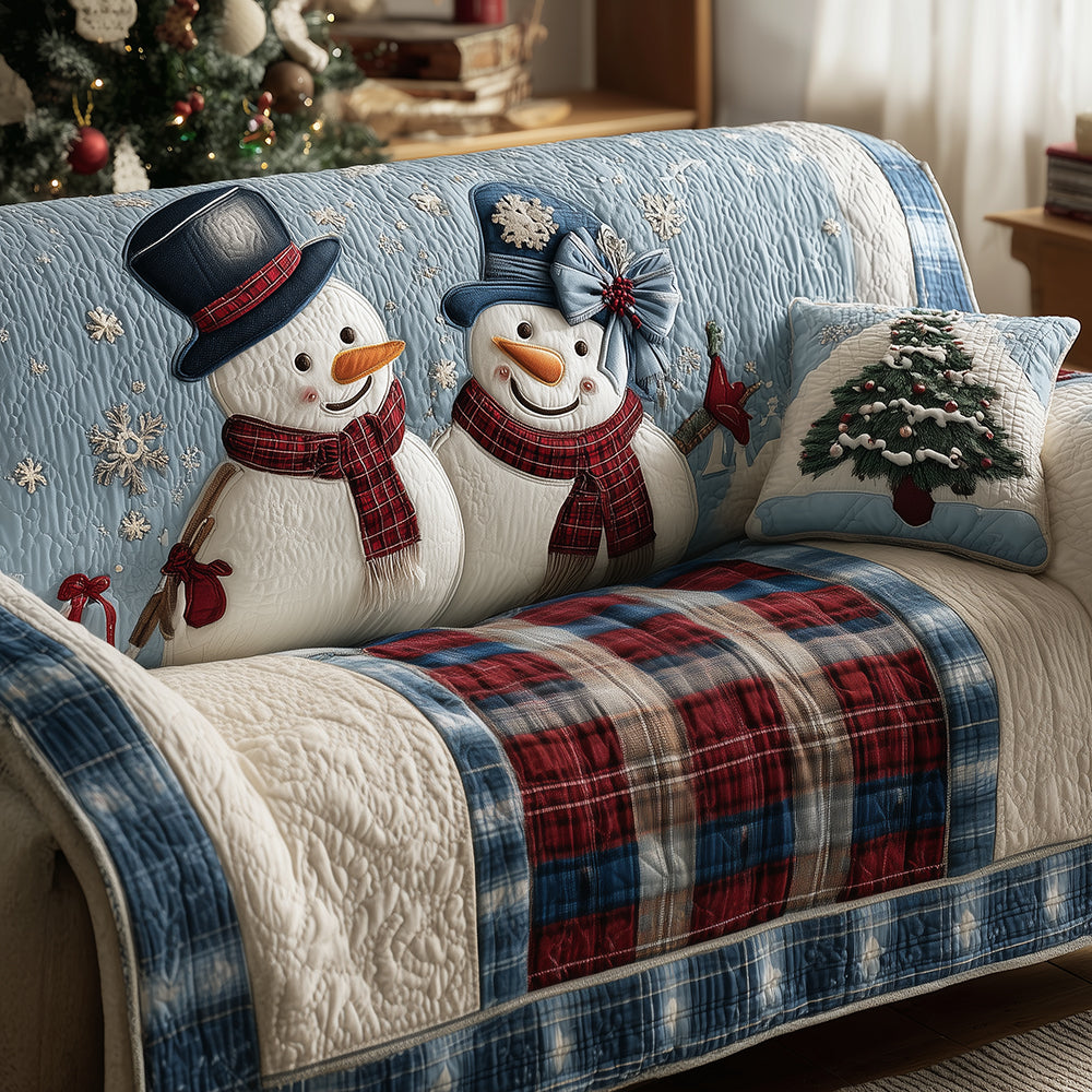 Icy Kiss Snowman Quilted Sofa Cover Living Room Winter Decor Gifts For The Family Christmas