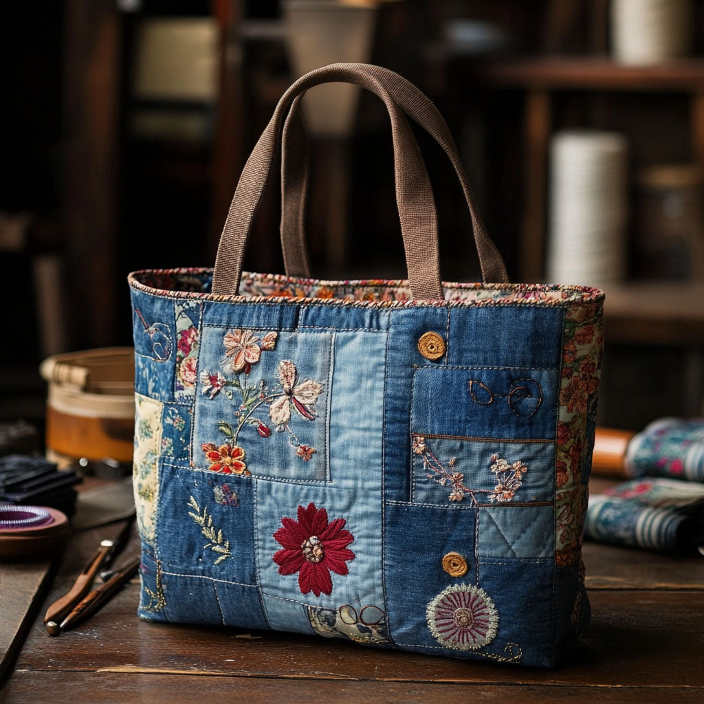Indigo Flowers Quilted Tote Bag Shoulder Bag Mother's Day Gifts