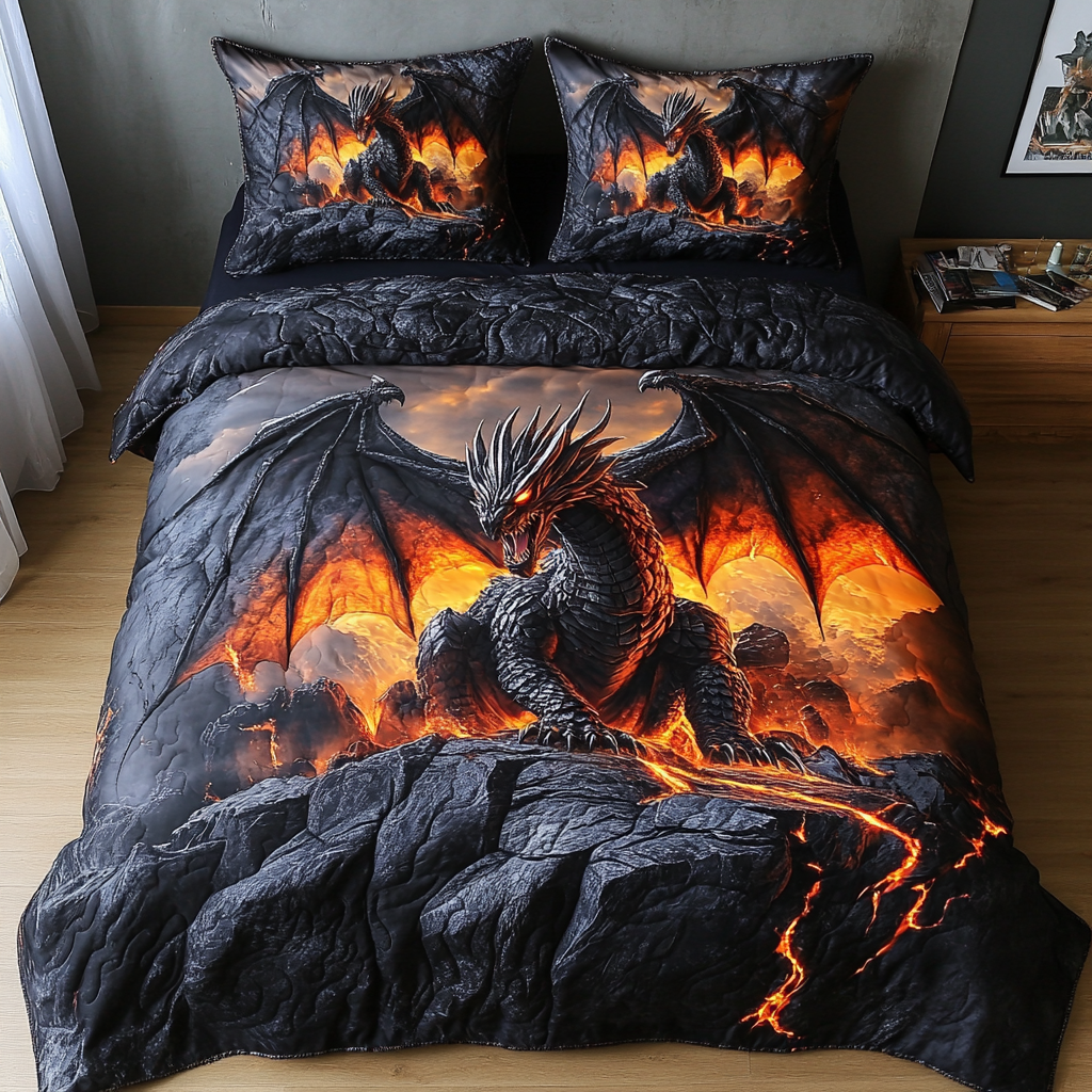 Inferno Dragon Quilted Bedding Set Bedspread Set Unique Dragon Gifts
