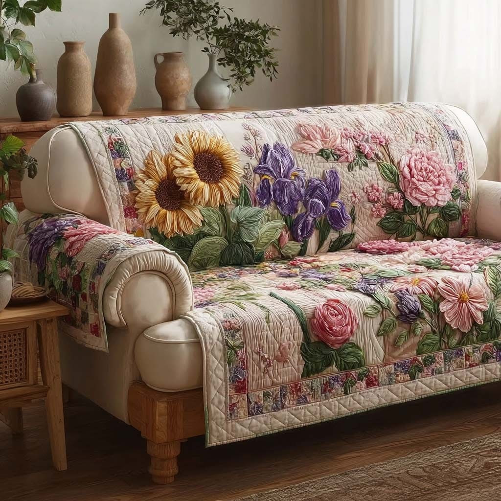 Infinite Flower Horizon Quilted Sofa Cover Elegant Floral Couch Cover Best Gifts For Grandma