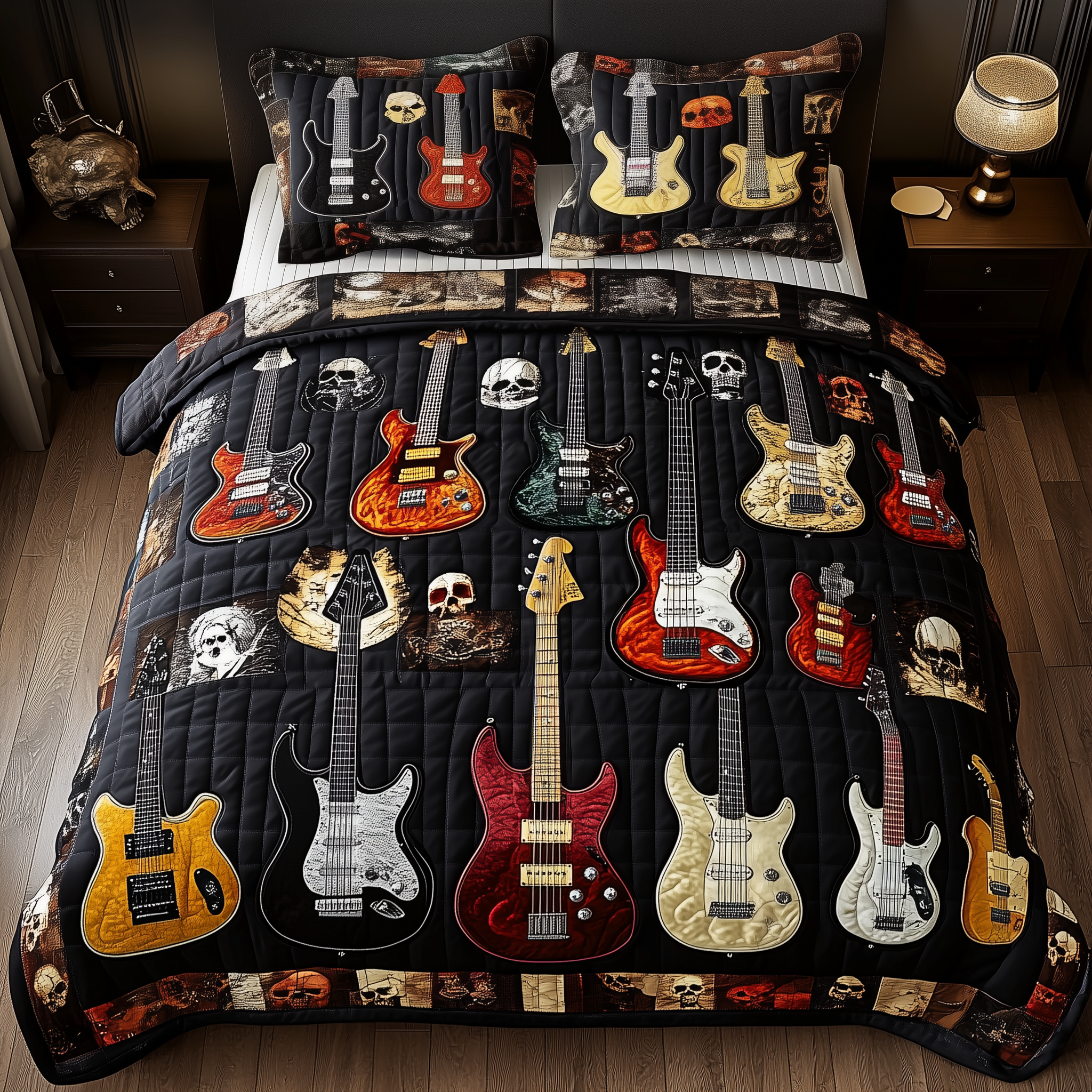 Intricate Electric Guitars Quilted Bedding Set Best King Sheets Christmas Presents For Guitarists