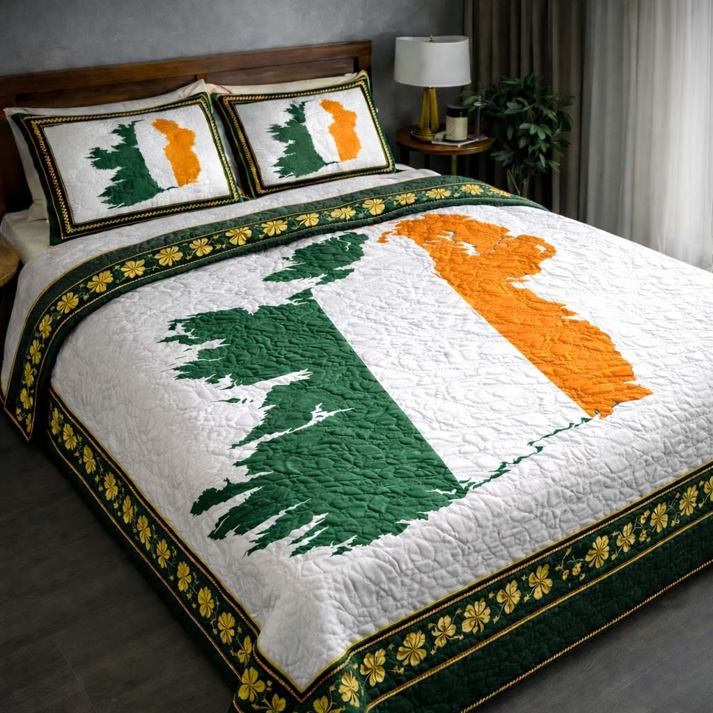 Ireland Map And Flag Quilted Bedding Set Irish Pride Duvet Cover Set Bedroom Decorations