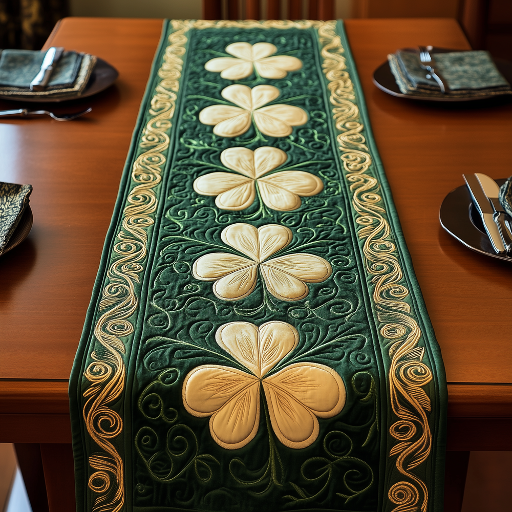 Irish Shamrock Quilted Table Runner Dining Decor Green Gifts For St Patrick's Day