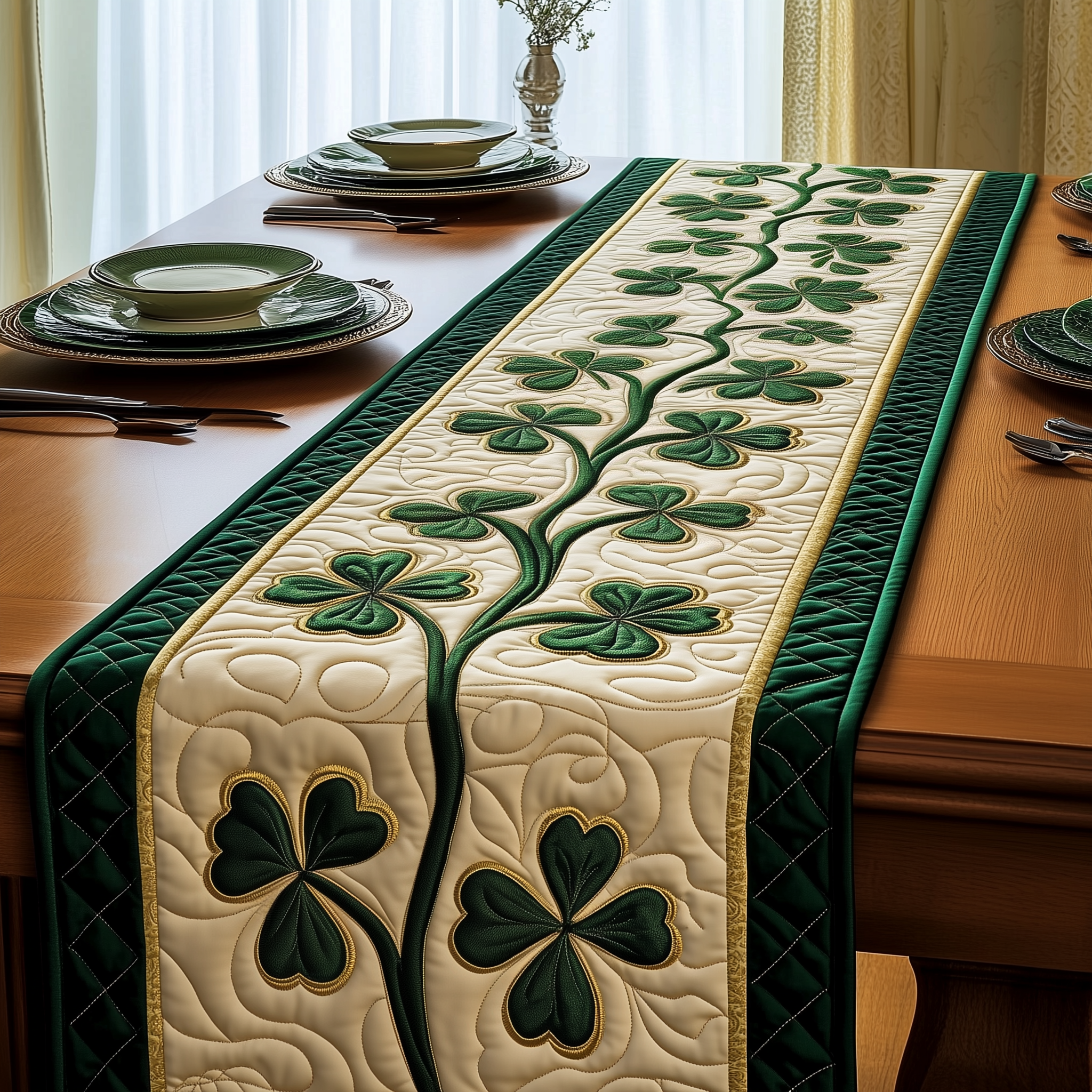 Irish Shamrock Quilted Table Runner Dining Room Runner Green Gifts For St Patrick's Day