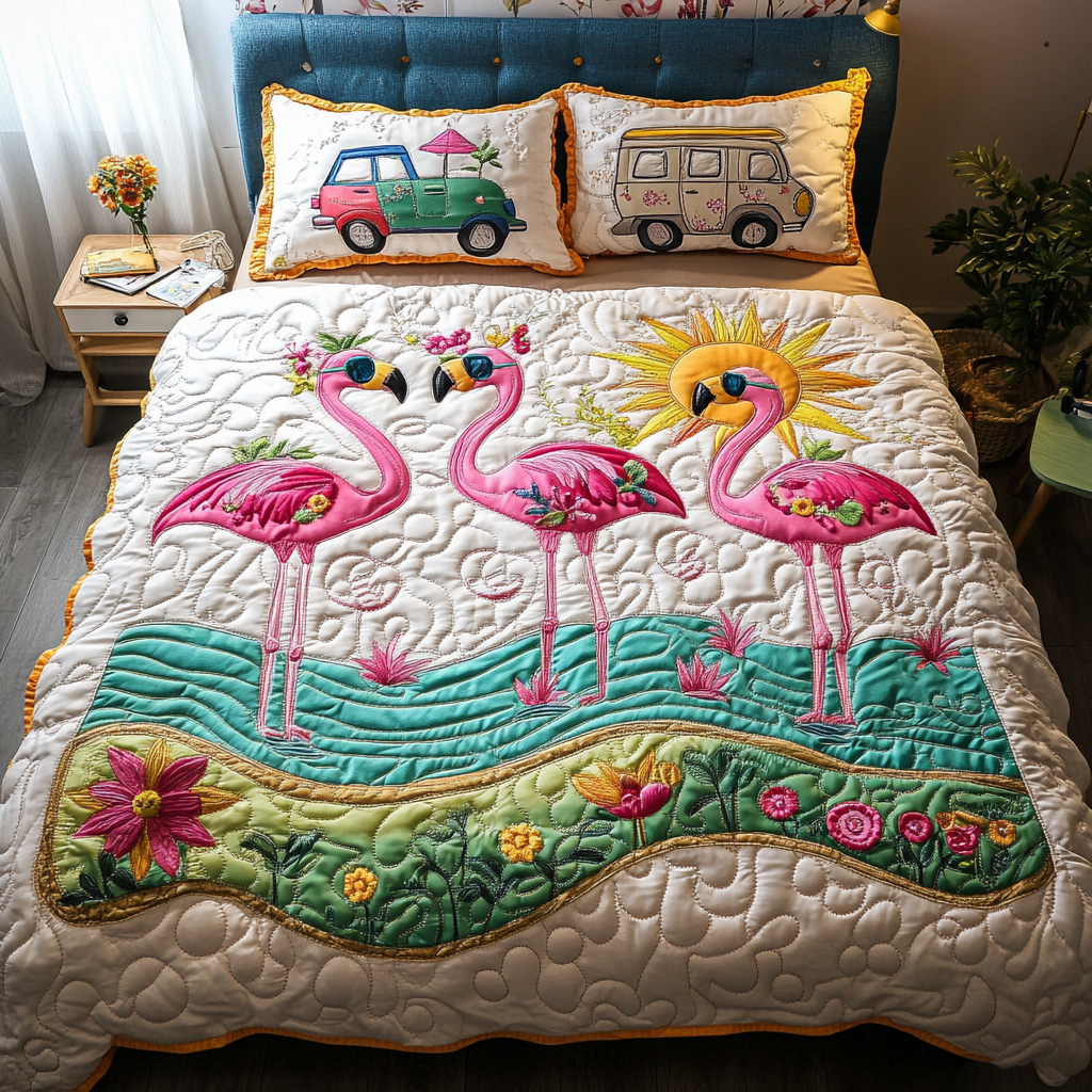 Island Breeze Quilted Bedding Set Cute Queen Bed Sheets Flamingo Gifts For Men Women