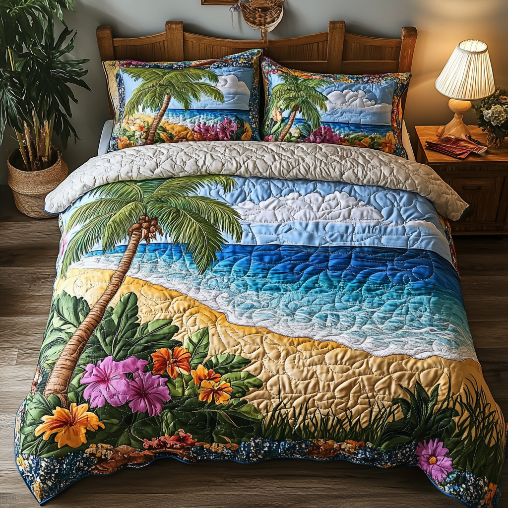 Island Escape Quilted Bedding Set Bed Decor Cool Beach Gifts