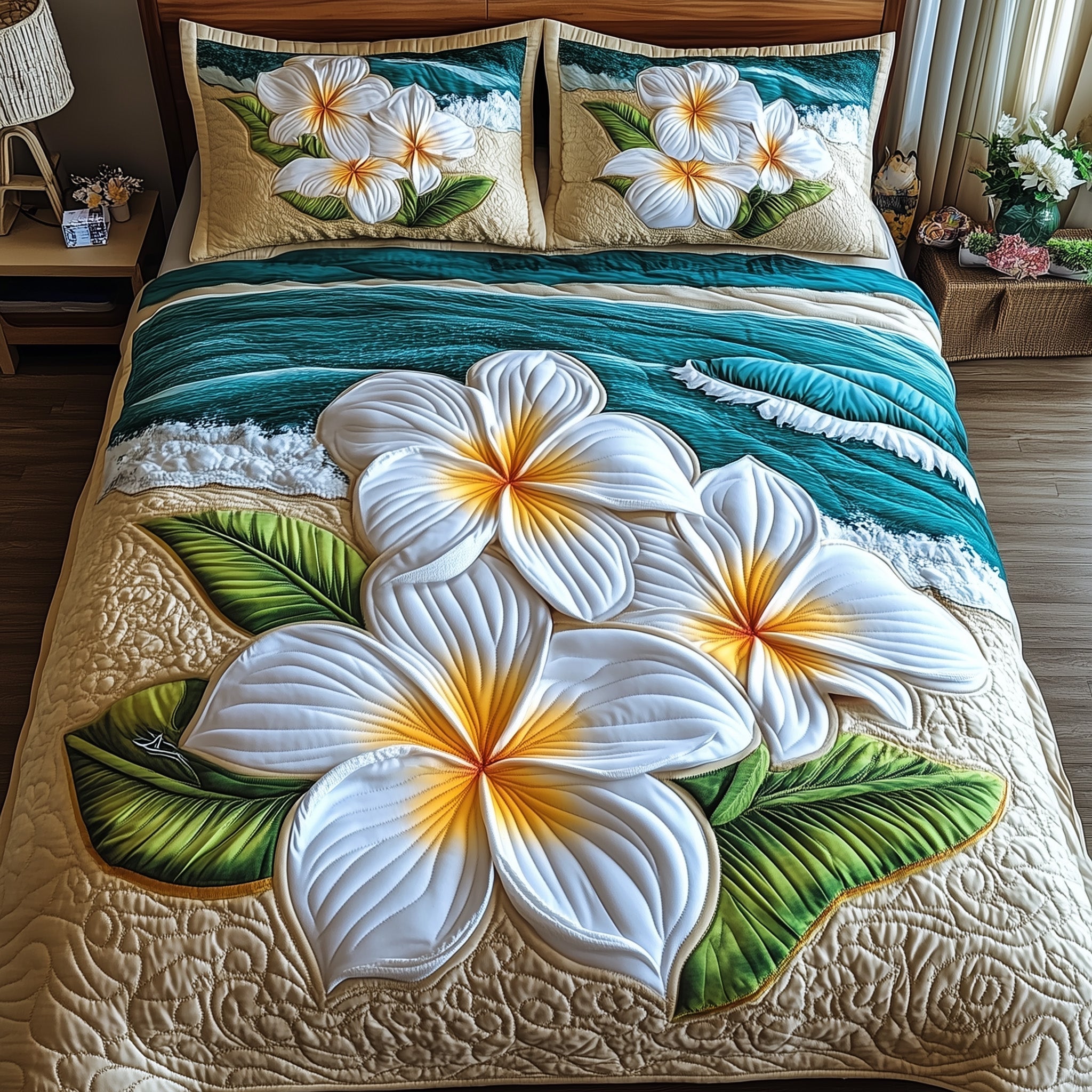 Island Plumera Paradise Quilted Bedding Set Bedding Ideas Best Gifts For Beach Lovers