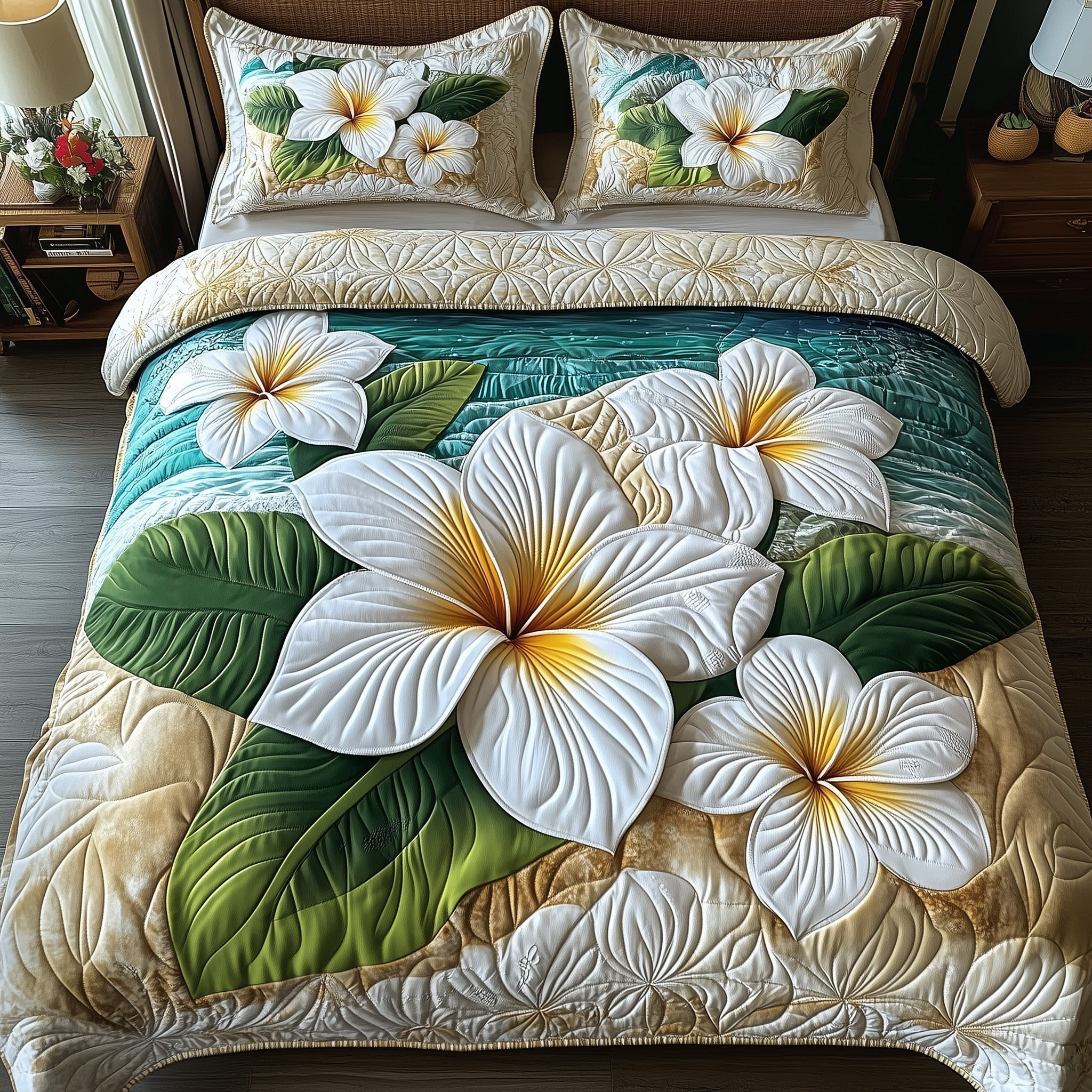 Island Plumera Paradise Quilted Bedding Set Bedroom Decor Best Gift Ideas For Beach Lovers