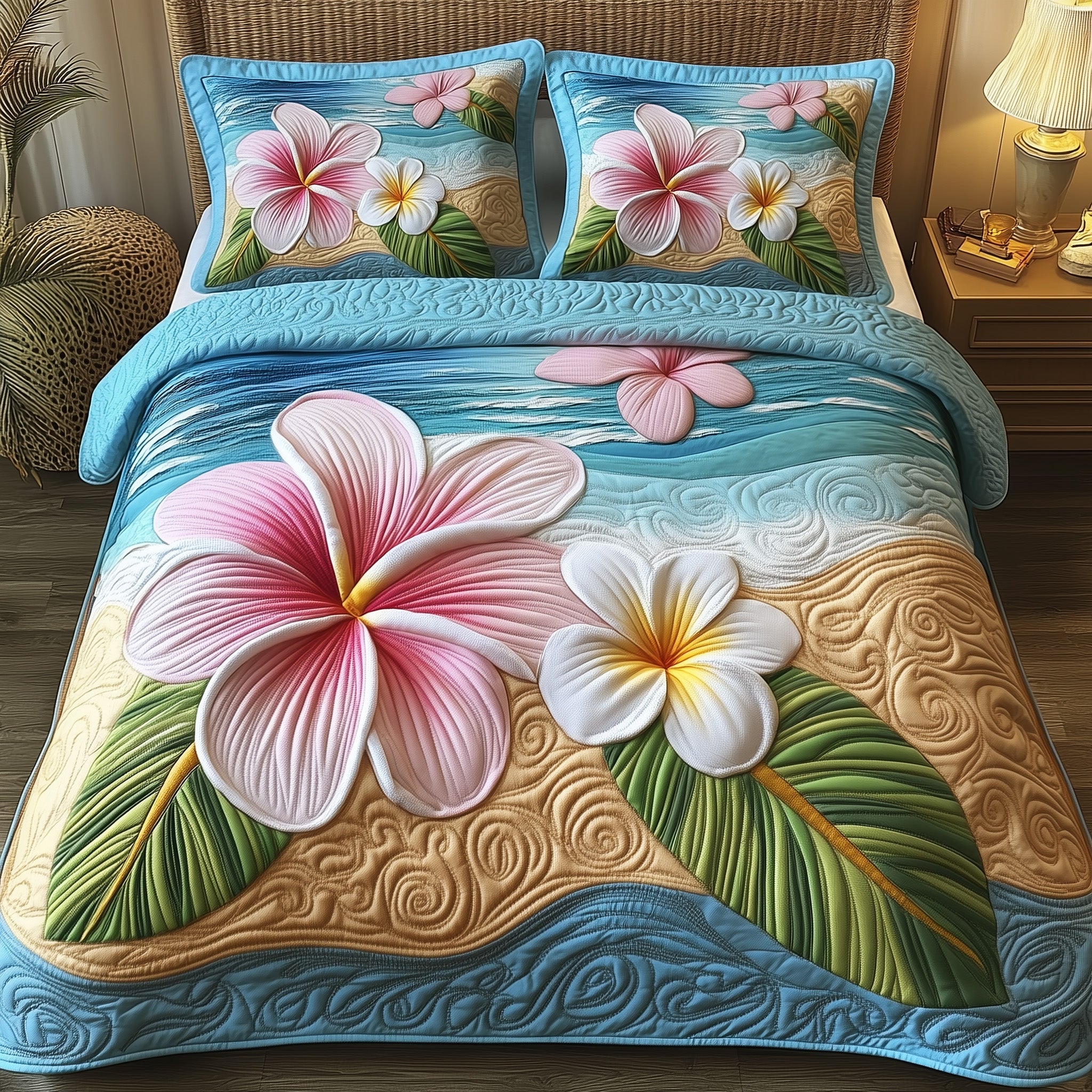 Island Plumera Paradise Quilted Bedding Set Bedroom Decorations Christmas Gift Ideas For Beach Lovers
