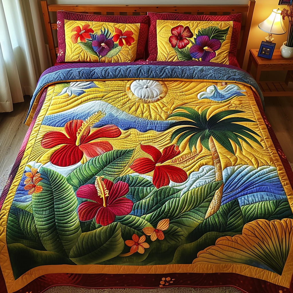 Island Sunset Hibiscus Quilted Bedding Set Best Bedding Sets Beach Lover Gifts For Her