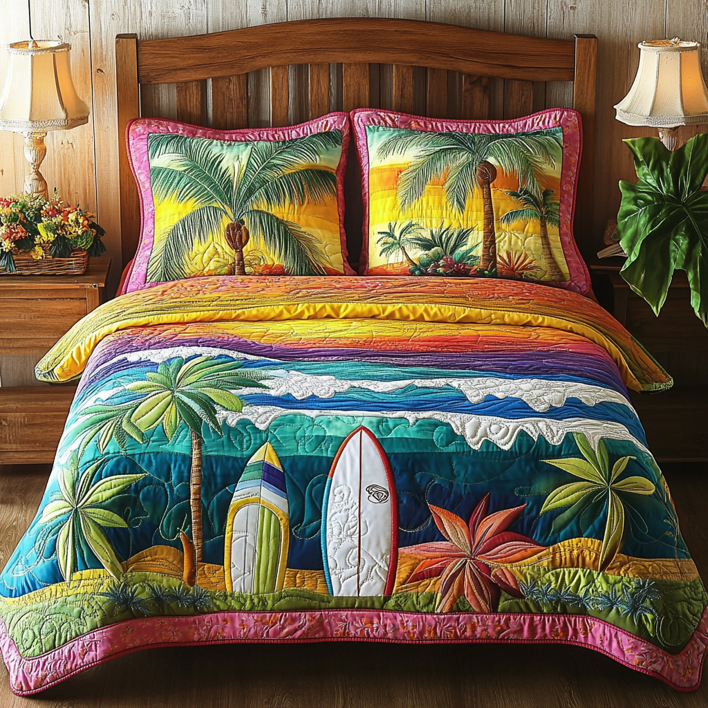 Island Waves Quilted Bedding Set Cute Bedsheets Beach Gifts For Women