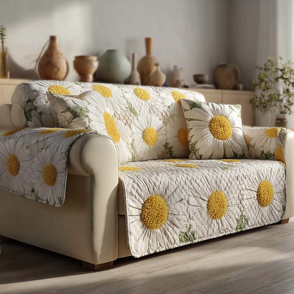 Ivory Daisy Quilted Sofa Cover Home Decor Unique Daisy Gifts
