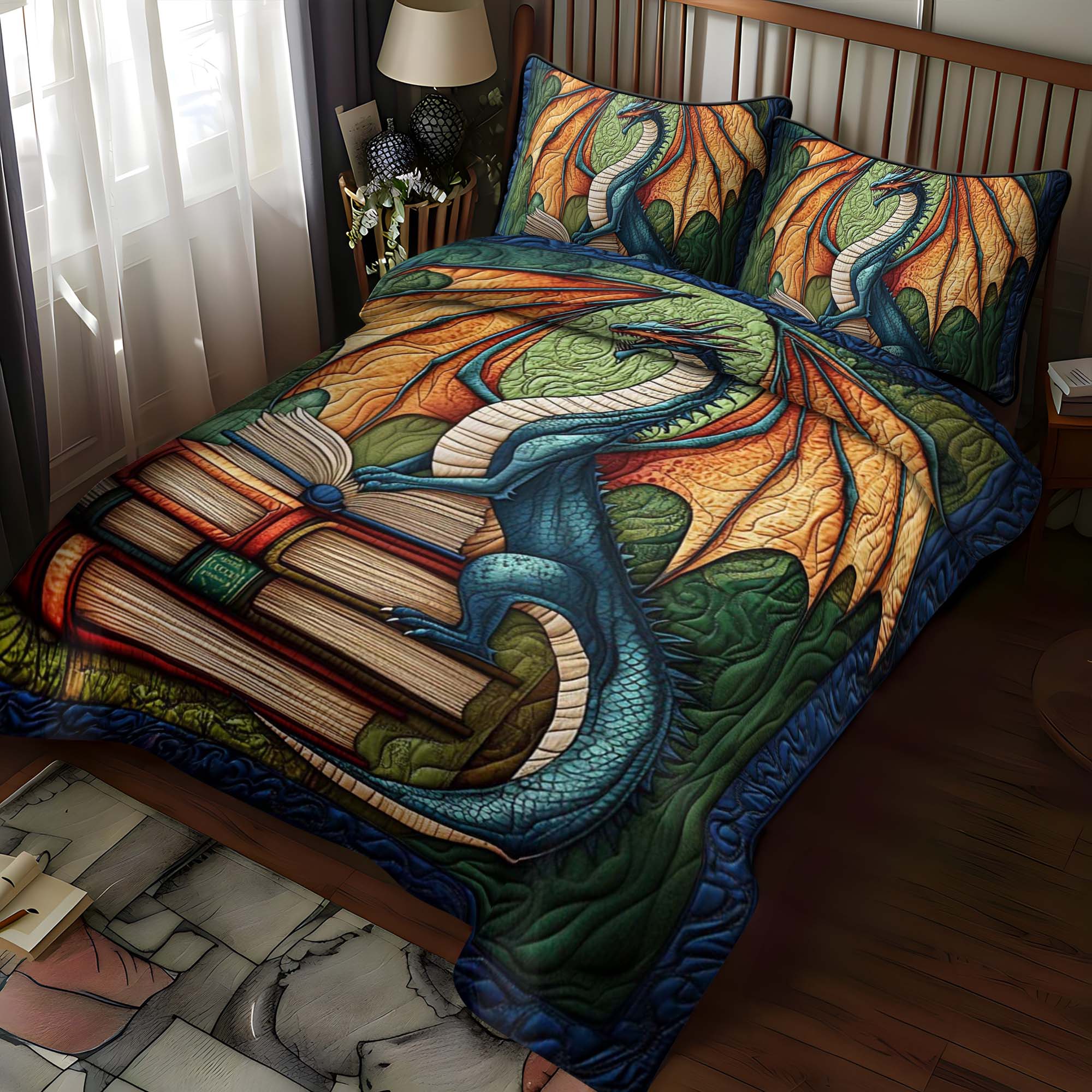 Jade Serpent Quilted Bedding Set Aesthetic Room Decor Great Book Lover Gift Ideas