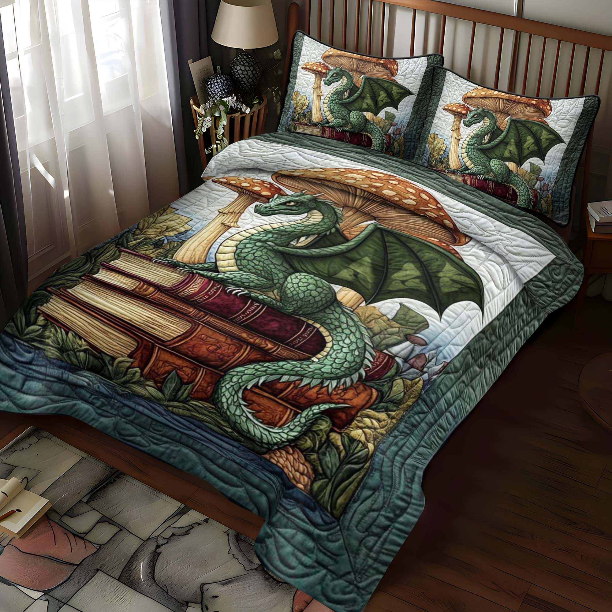 Jade Serpent Quilted Bedding Set Unique Bed Sheets Great Book Presents