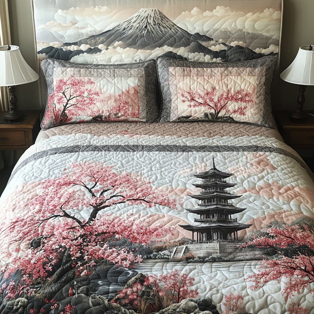 Japan Cherry Blossom Pagoda Quilted Bedding Set Cool Bedroom Decor Mother's Day Gifts For Wife