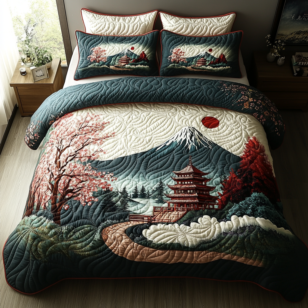 Japanese Ancient Pagoda Quilted Bedding Set Aesthetic Room Decor Best Father's Day Gifts For First Time Dad