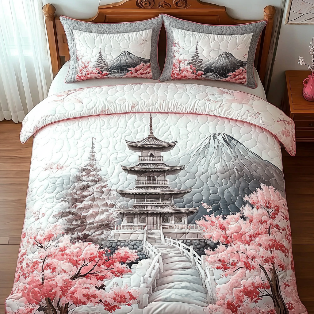 Japanese Blossom Pagoda Quilted Bedding Set Unique Bed Sheet Set Awesome Mother's Day Gifts
