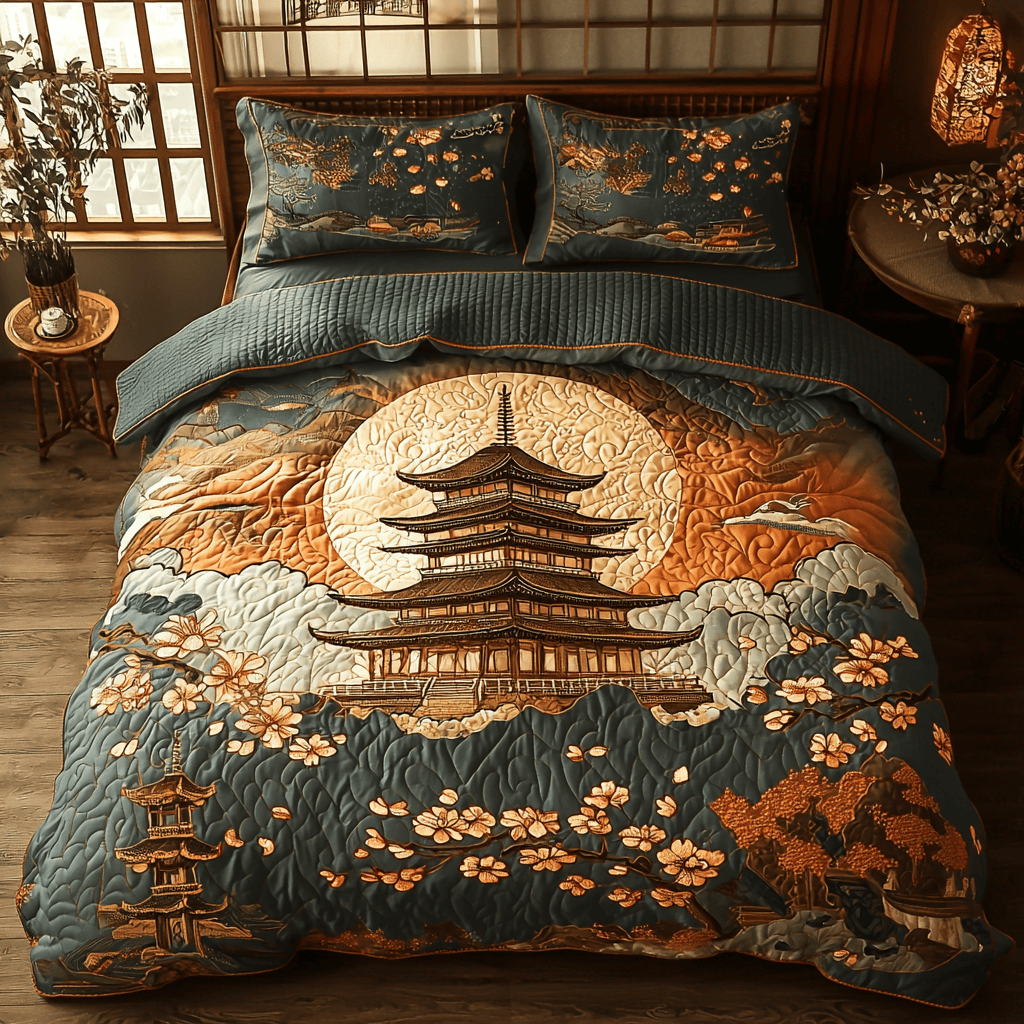 Japanese Moonlit Pagoda Quilted Bedding Set Cute Bedsheets Good Gifts For Dads 50Th Birthday