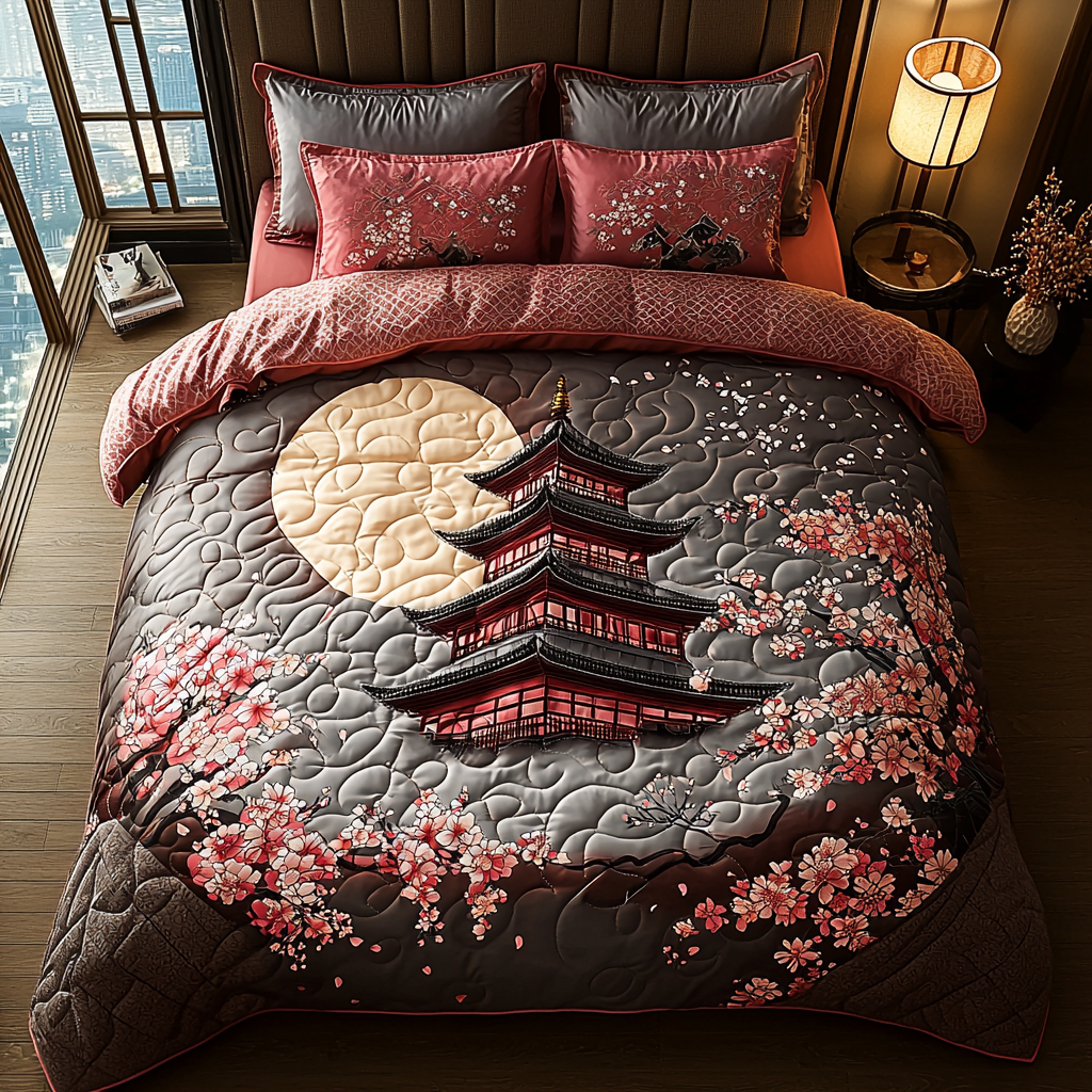 Japanese Pagoda Ancient Moon Quilted Bedding Set Best Bedspread Set Ideas For Mother' Day Gifts