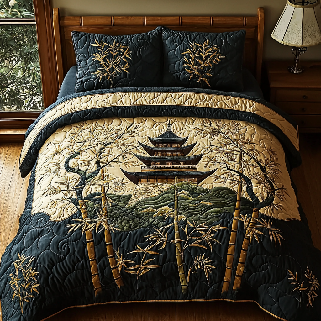 Japanese Pagoda Golden Path Quilted Bedding Set Best King Sheets Gifts For Expecting Mothers