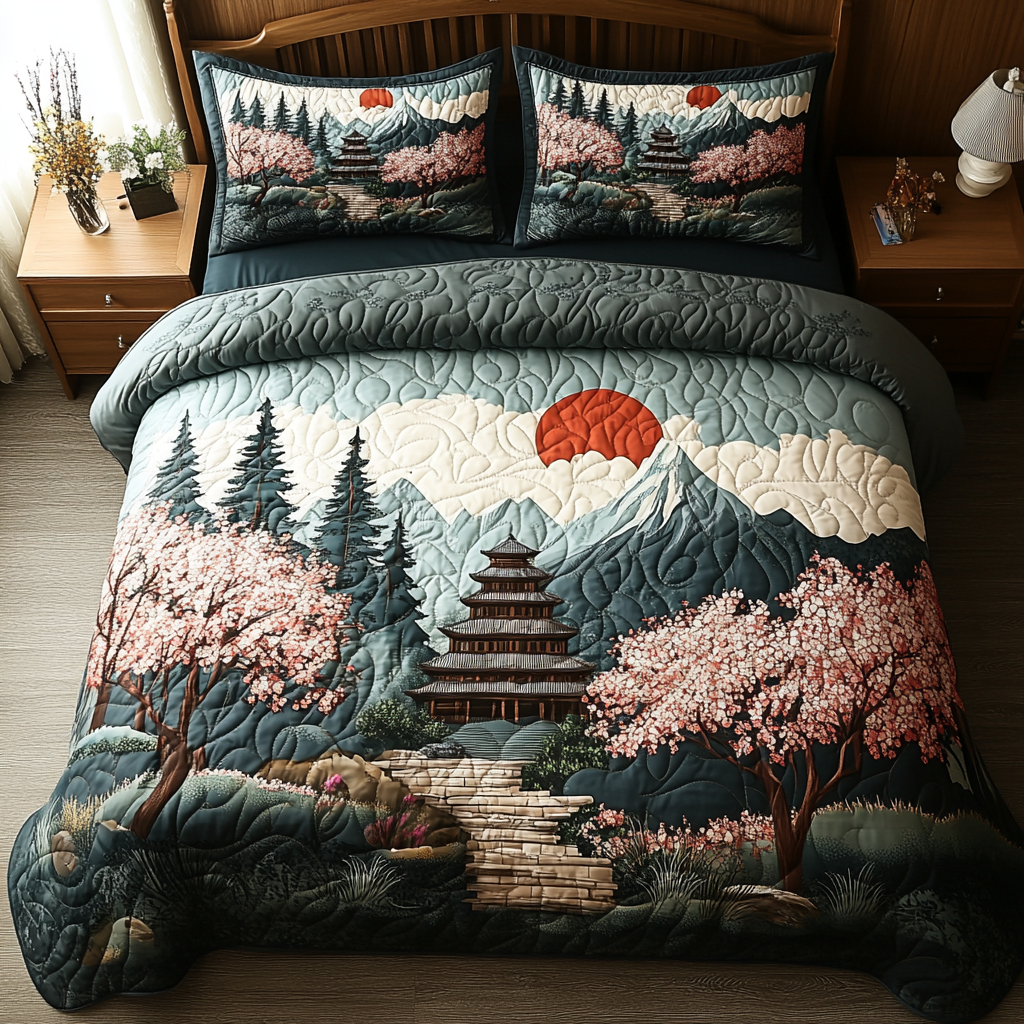 Japanese Pagoda Quilted Bedding Set Cute Room Decor Best Mother's Day From For Daughter