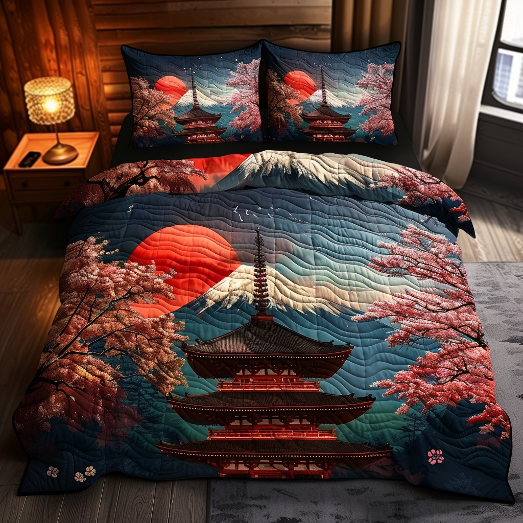 Japanese Pagoda Sunset Quilted Bedding Set Cozy Bedroom Decor Special Present For Dad