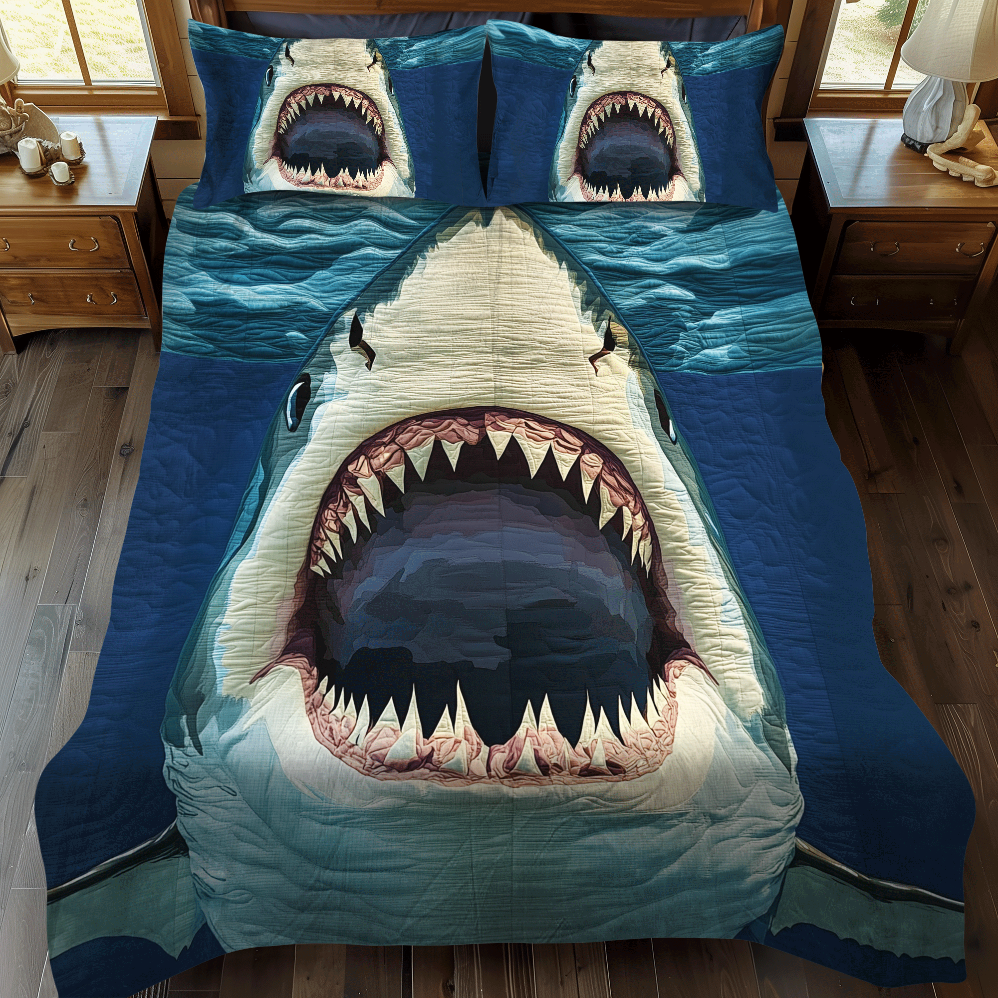 Jaws Quilted Bedding Set Unique Bed Sheet Set Gifts For Marine Life Lovers