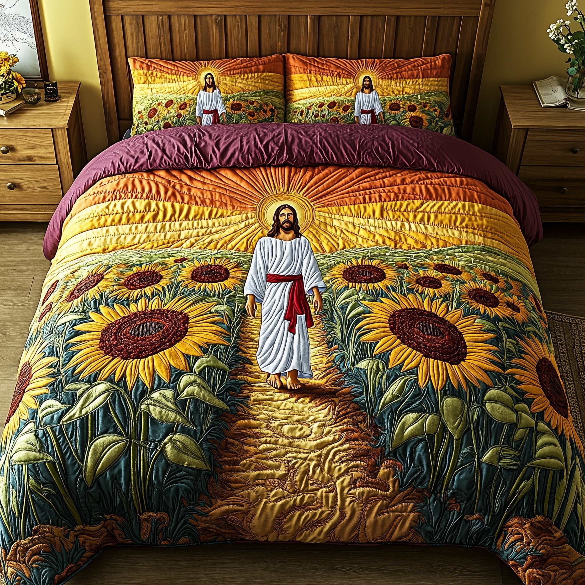 Jesus Among the Sunflowers Quilted Bedding Set Best Sheets Ever Presents For Christian Friends