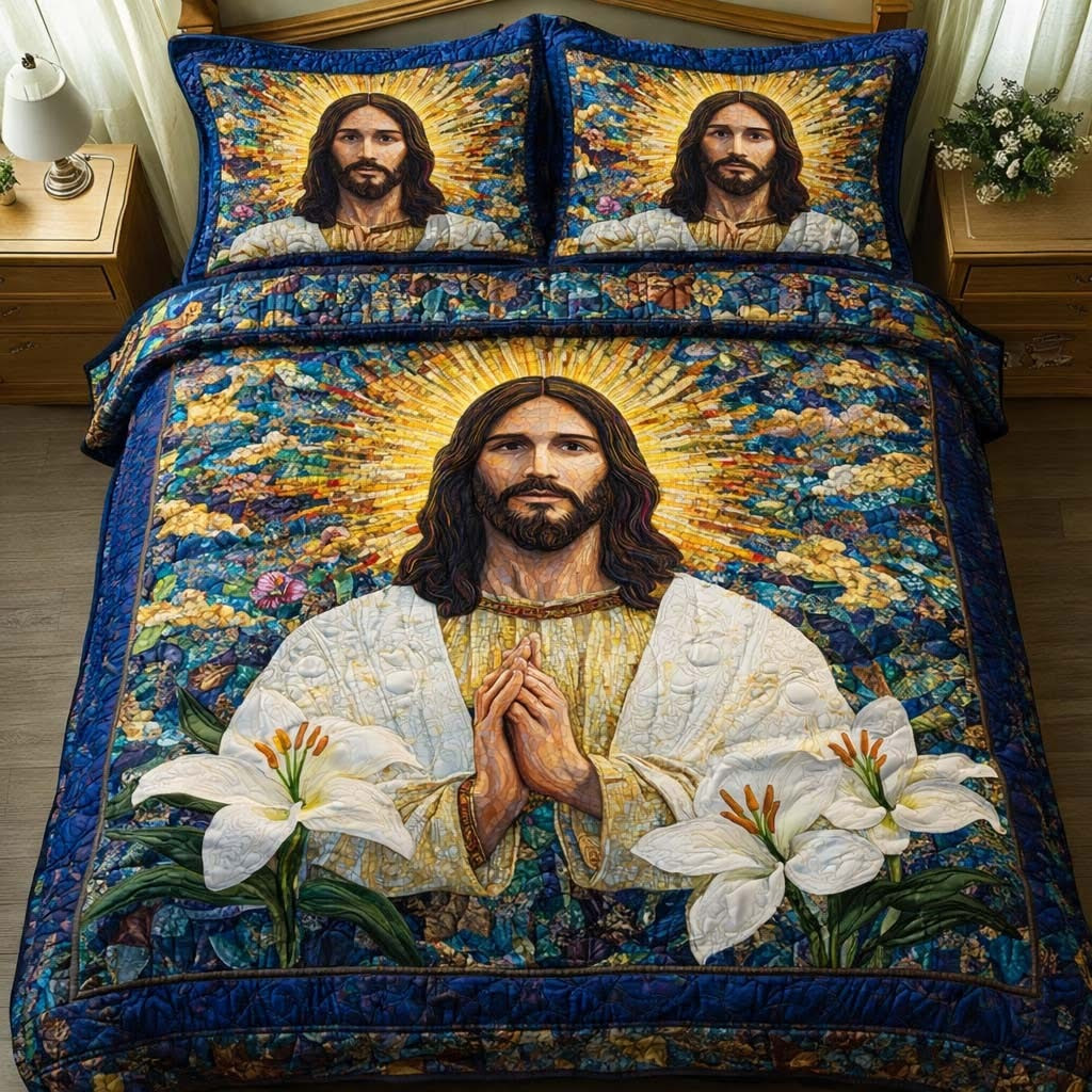 Jesus Christ Lilly Prayer Quilted Bedding Set Christian Duvet Cover Set Bedroom Decorations