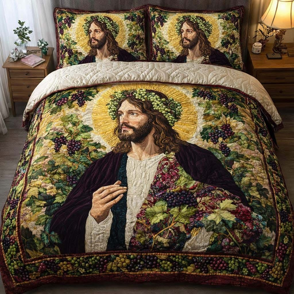 Jesus Christ Vineyard Crown Quilted Bedding Set Christian Bedroom Decoration Gifts