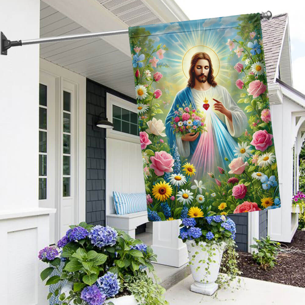 Jesus Holding Flowers Garden Spring Flag Christian Cross Decor Flag Gift For Him