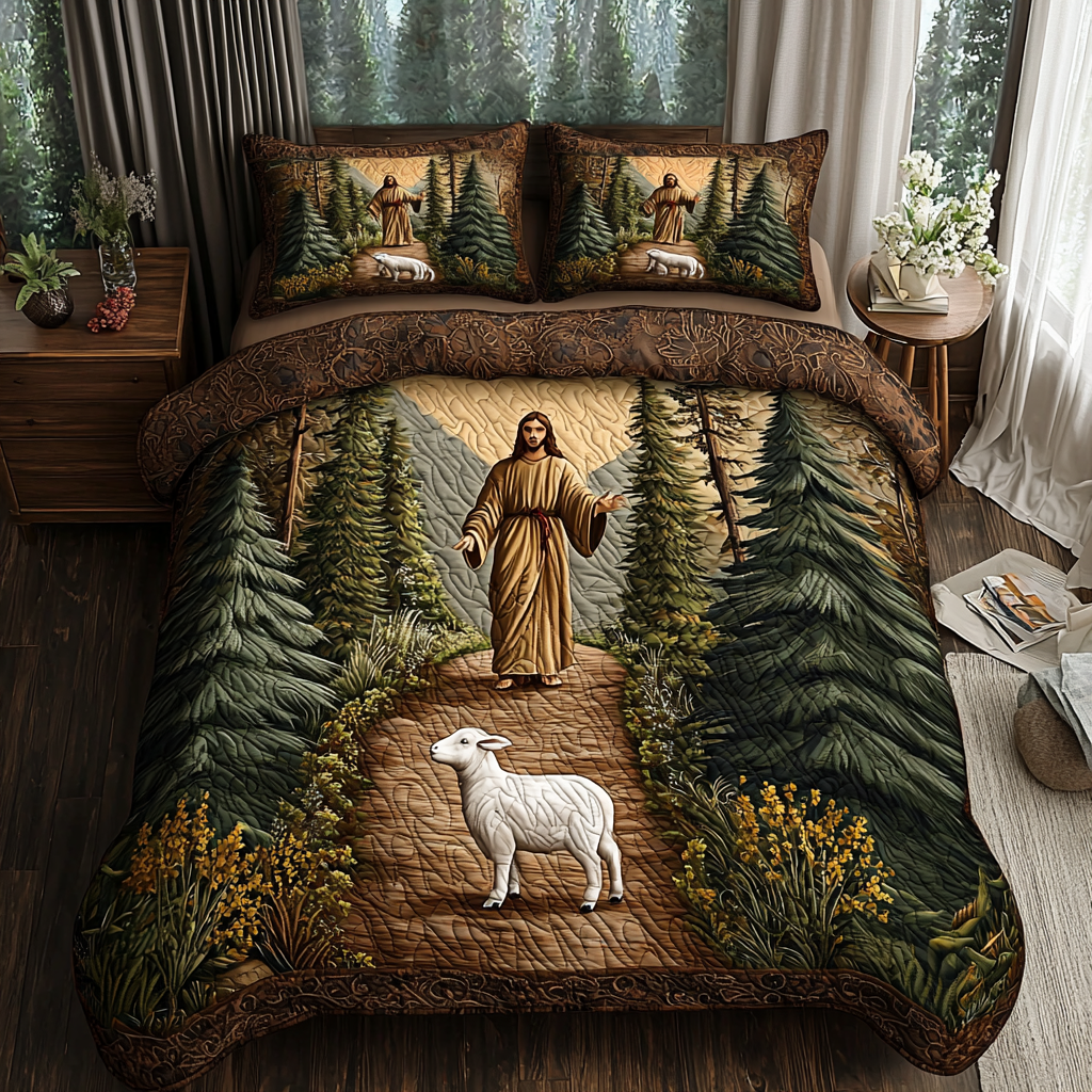 Jesus in the Forest Quilted Bedding Set Cute Bed Sets For Teens Christian Gifts For Friends
