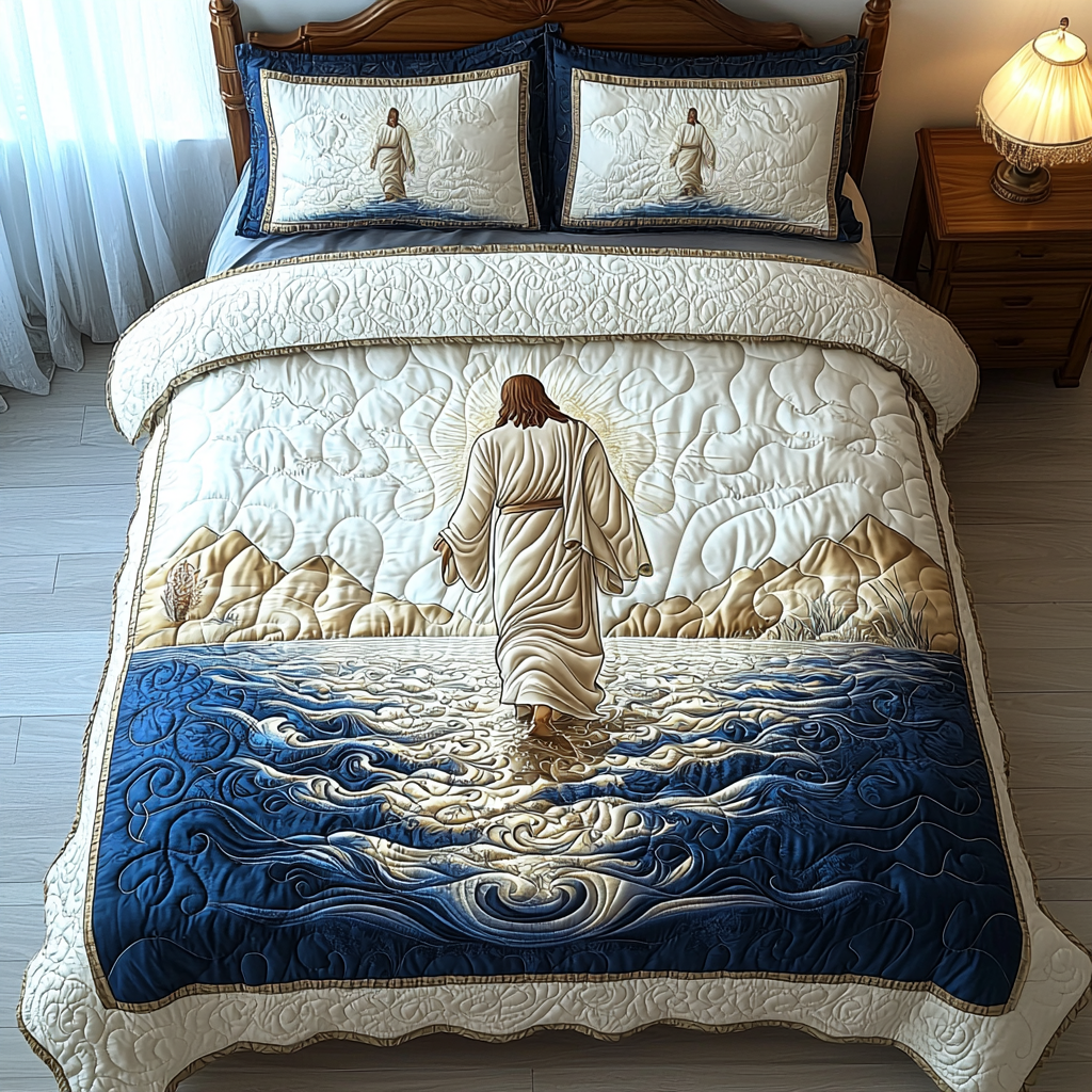 Jesus Walking on Water Quilted Bedding Set Best Bedsheets Christian Gifts For Christmas