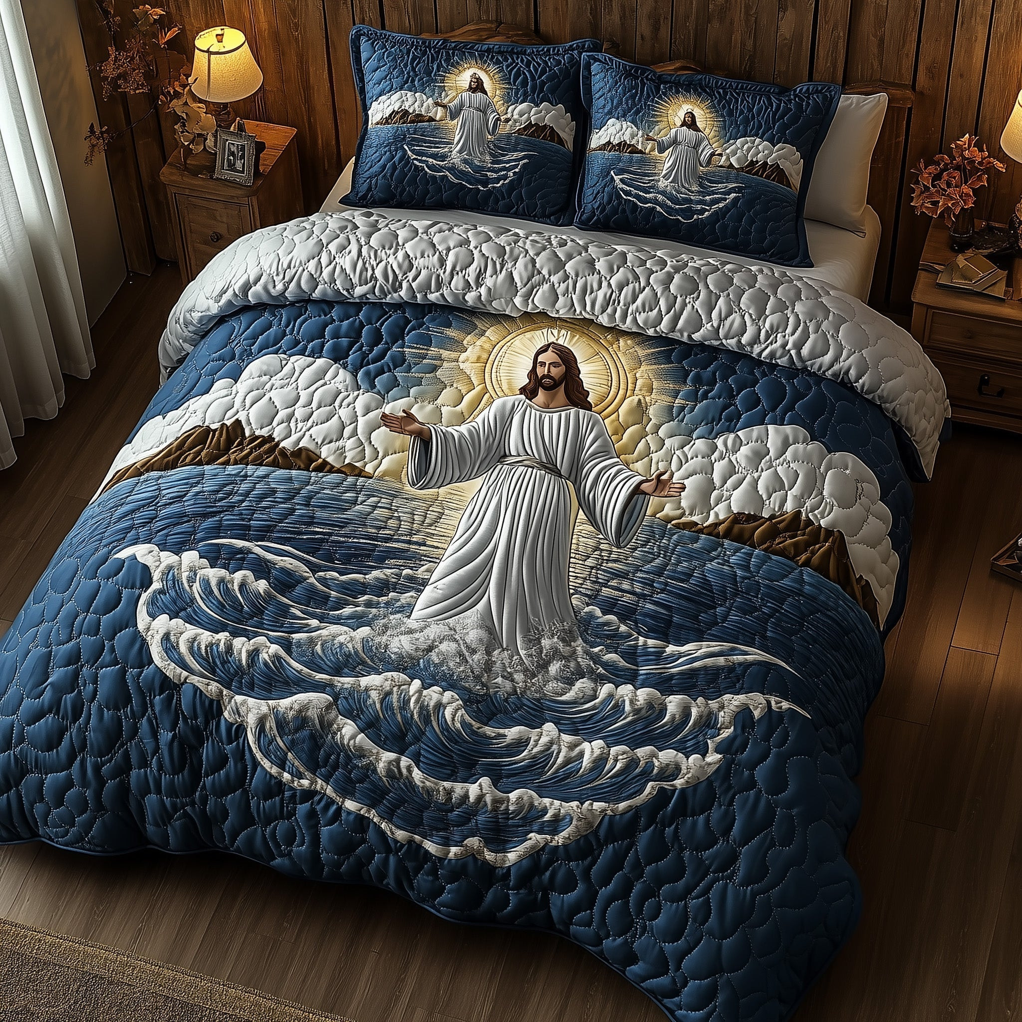 Jesus Walking On Water Quilted Bedding Set Best King Size Sheets Christian Gifts For Friends