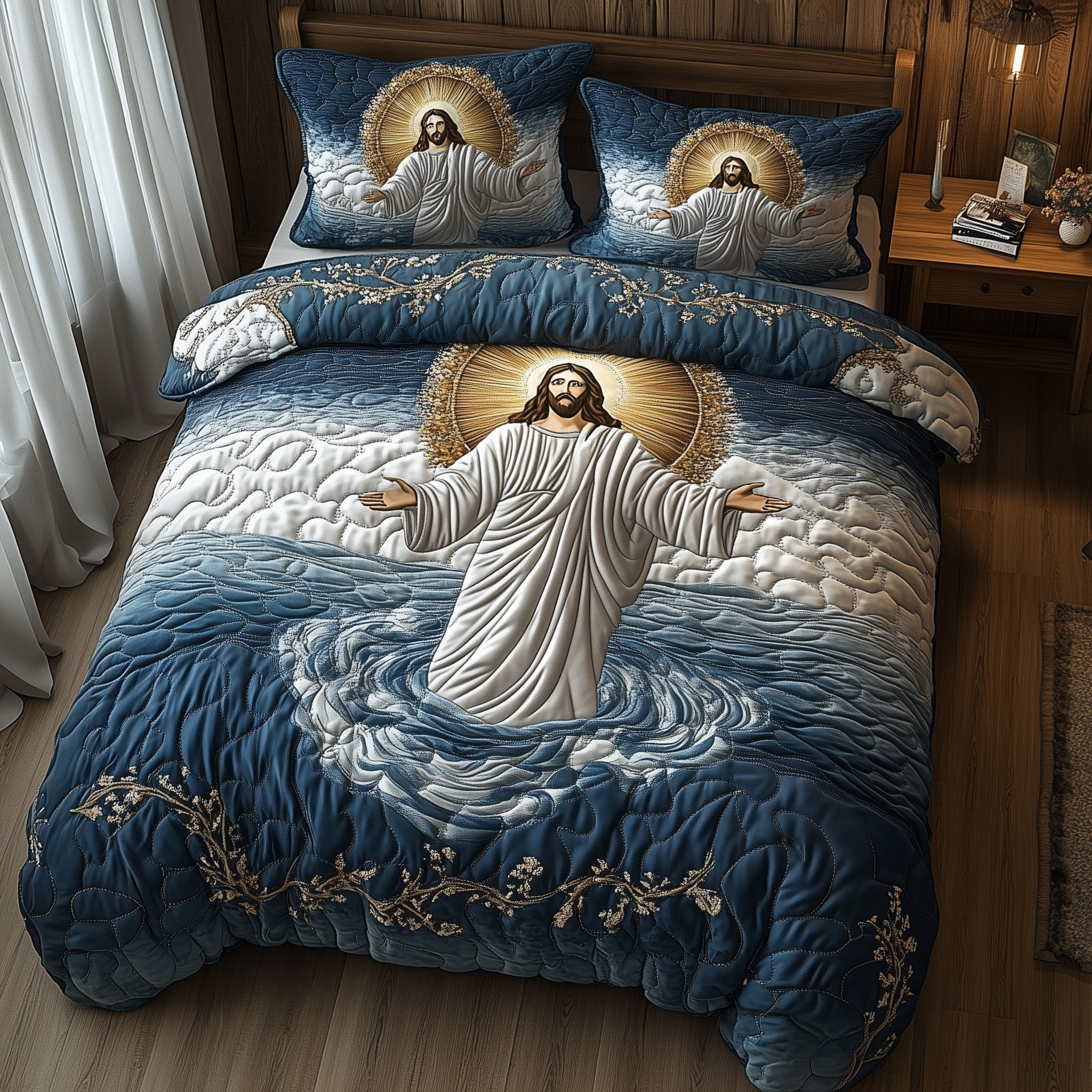 Jesus Walking On Water Quilted Bedding Set Best Queen Sheets Christian Gifts For Graduates