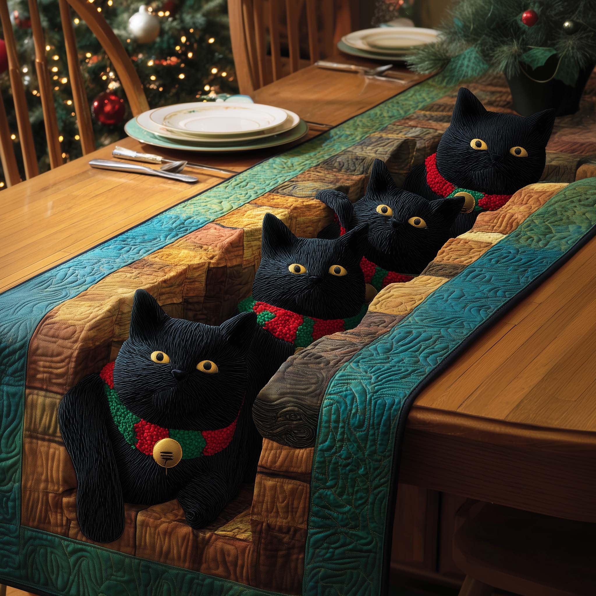 Jolly Cats Quilted Table Runner Christmas Dinner Decoration Ideas Gifts For Cat People