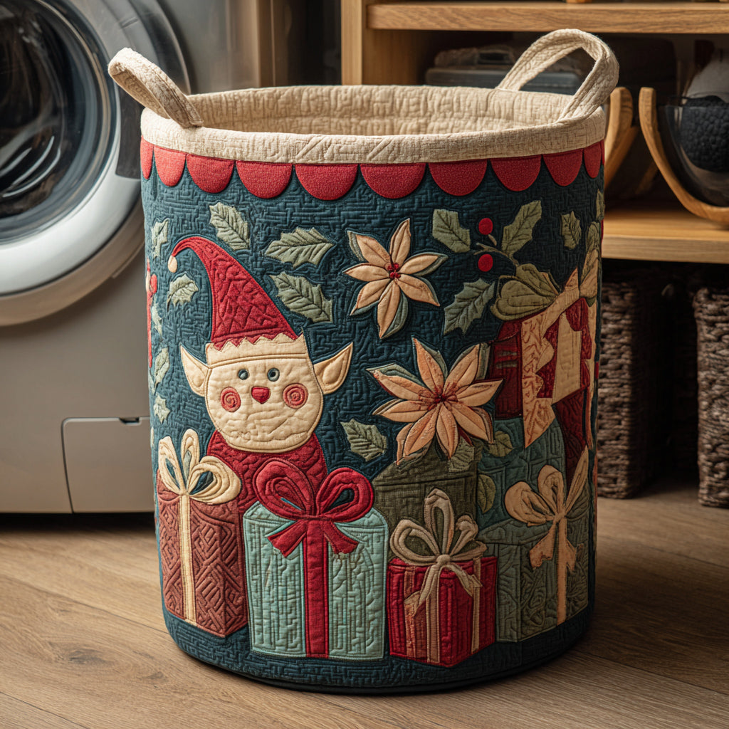 Jolly Elf Scene Quilted Laundry Basket Home Decor Shop Grandparent Christmas Gifts