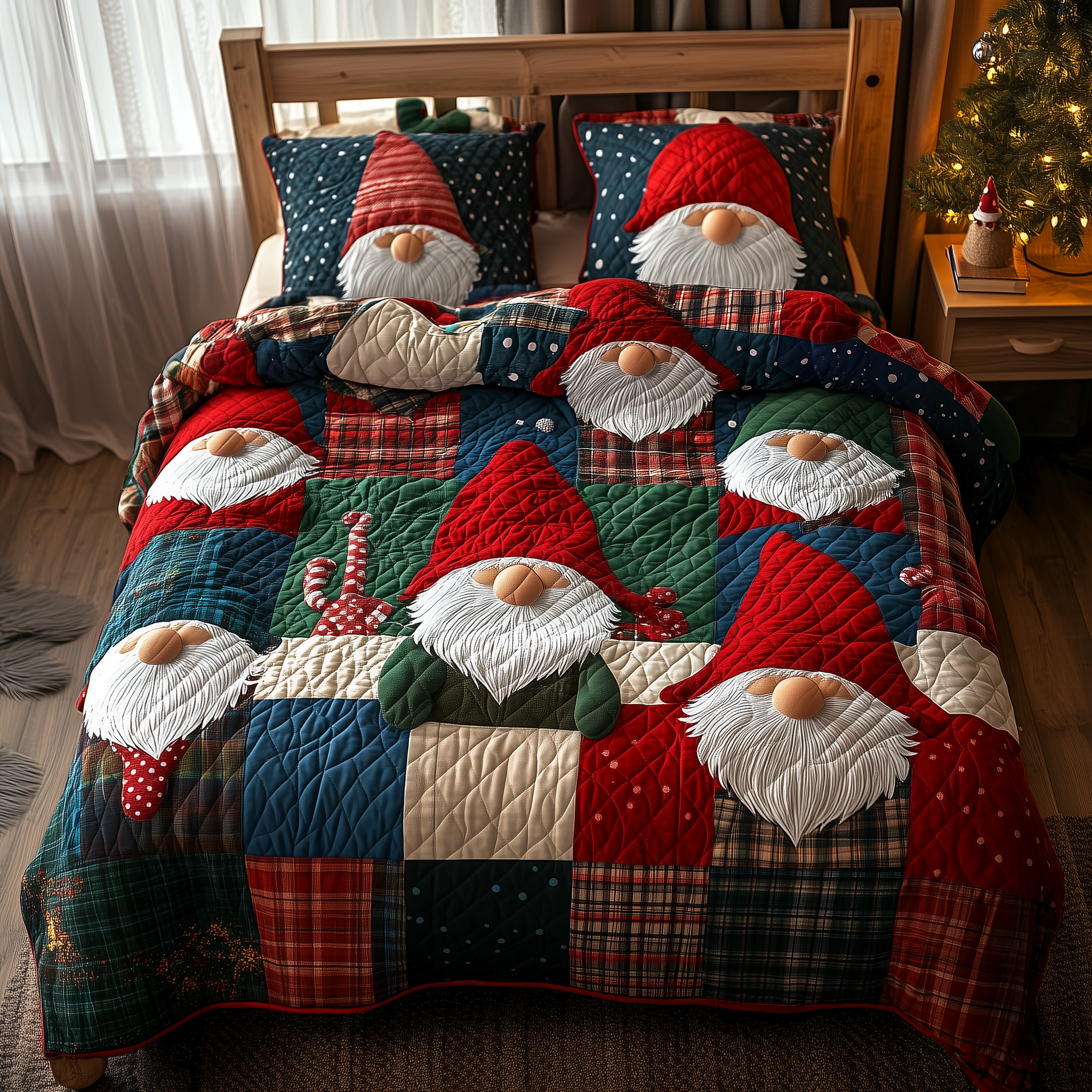 Jolly Gnomes Quilted Bedding Set Christmas Comforter Set King Gnome Gifts For Her