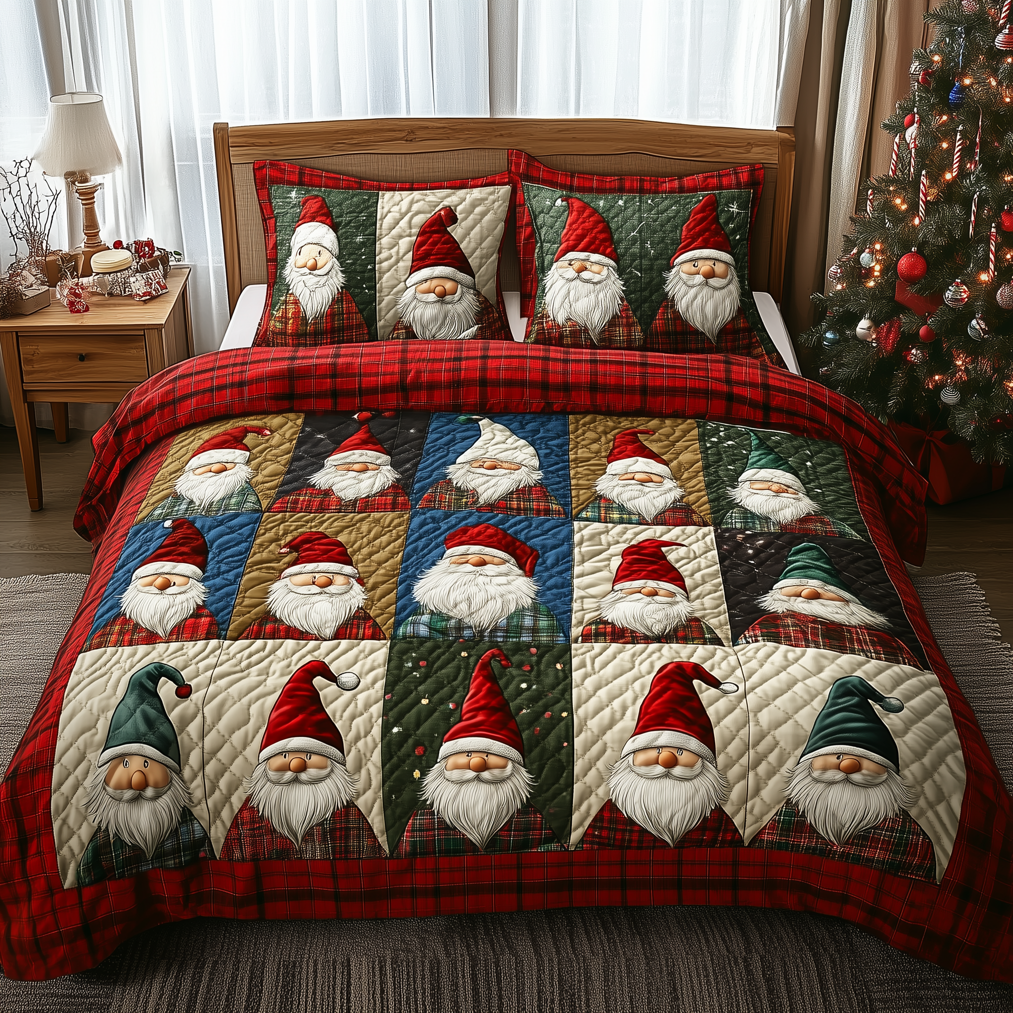 Jolly Gnomes Quilted Bedding Set Christmas Duvet Set Best Gnome Gifts