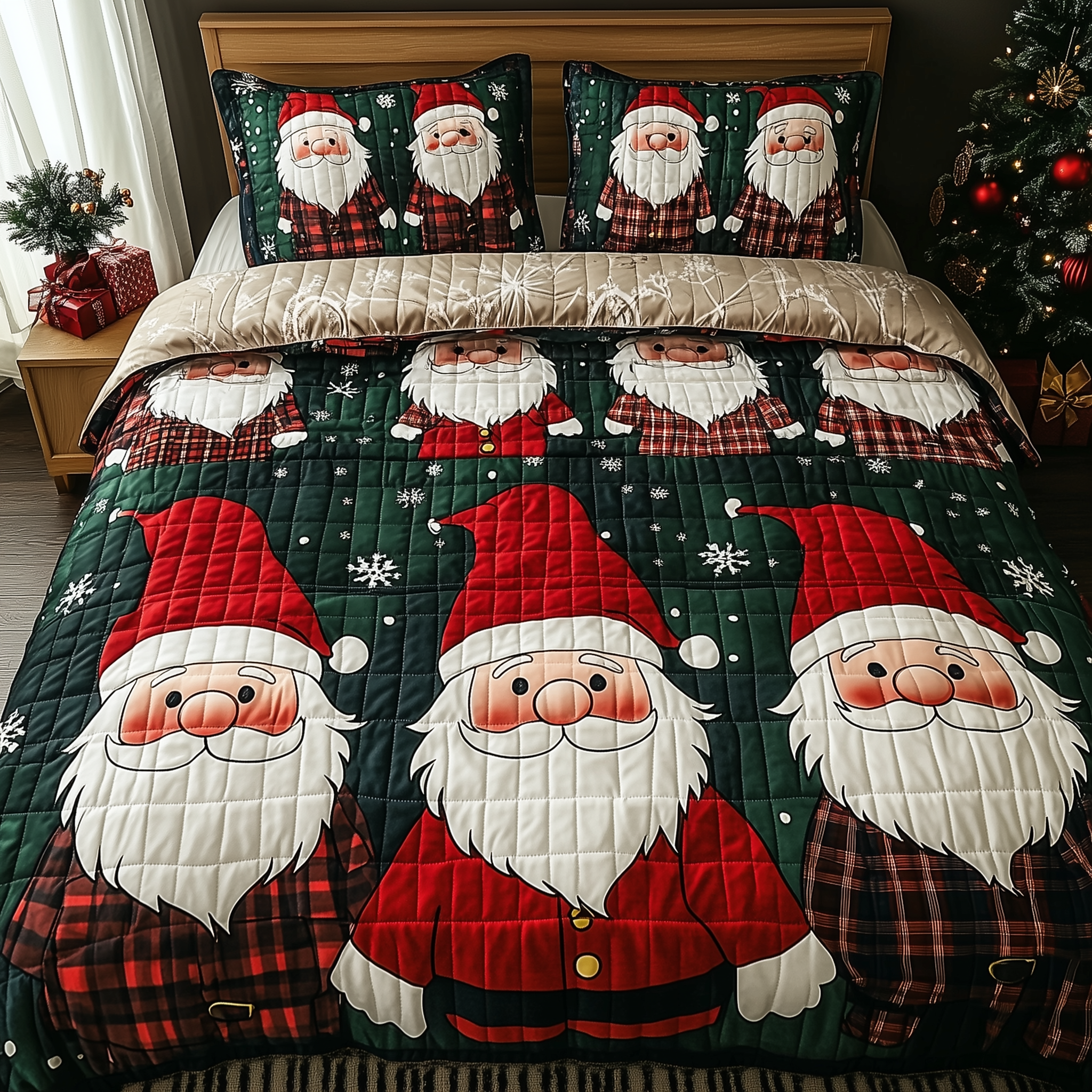 Jolly Gnomes Quilted Bedding Set Christmas Sheet Set Gnome Presents