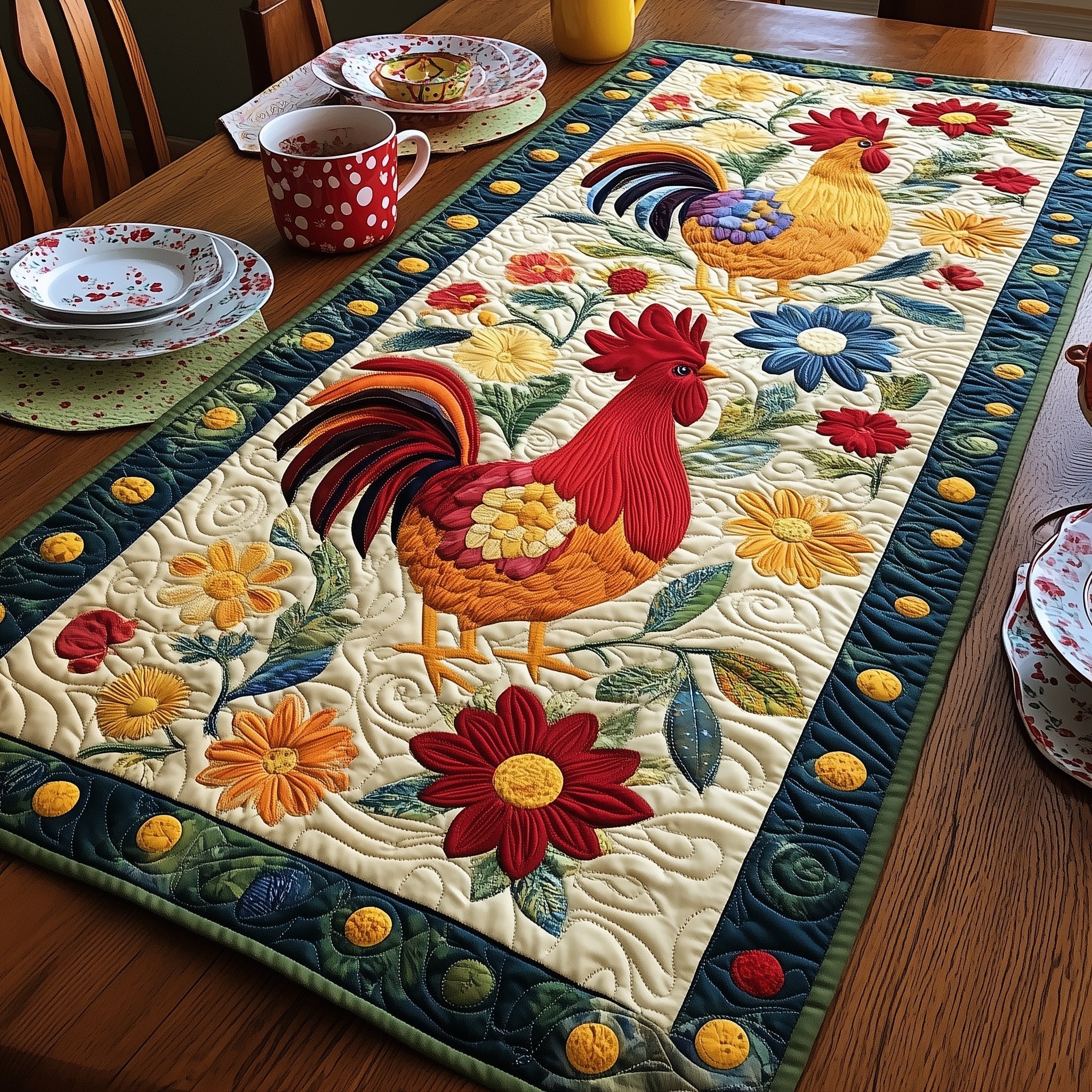 Joyful Chicken Farm Quilted Table Runner Dining Room Table Centerpieces Unique Gifts For Chicken Lovers