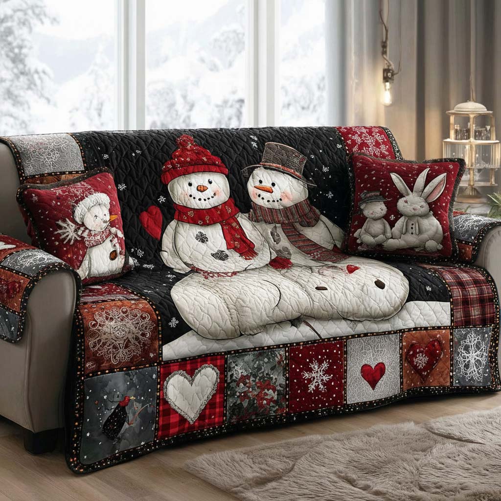 Joyful Snowmen Row Quilted Sofa Cover Christmas Home Decor Family Xmas Gift Ideas