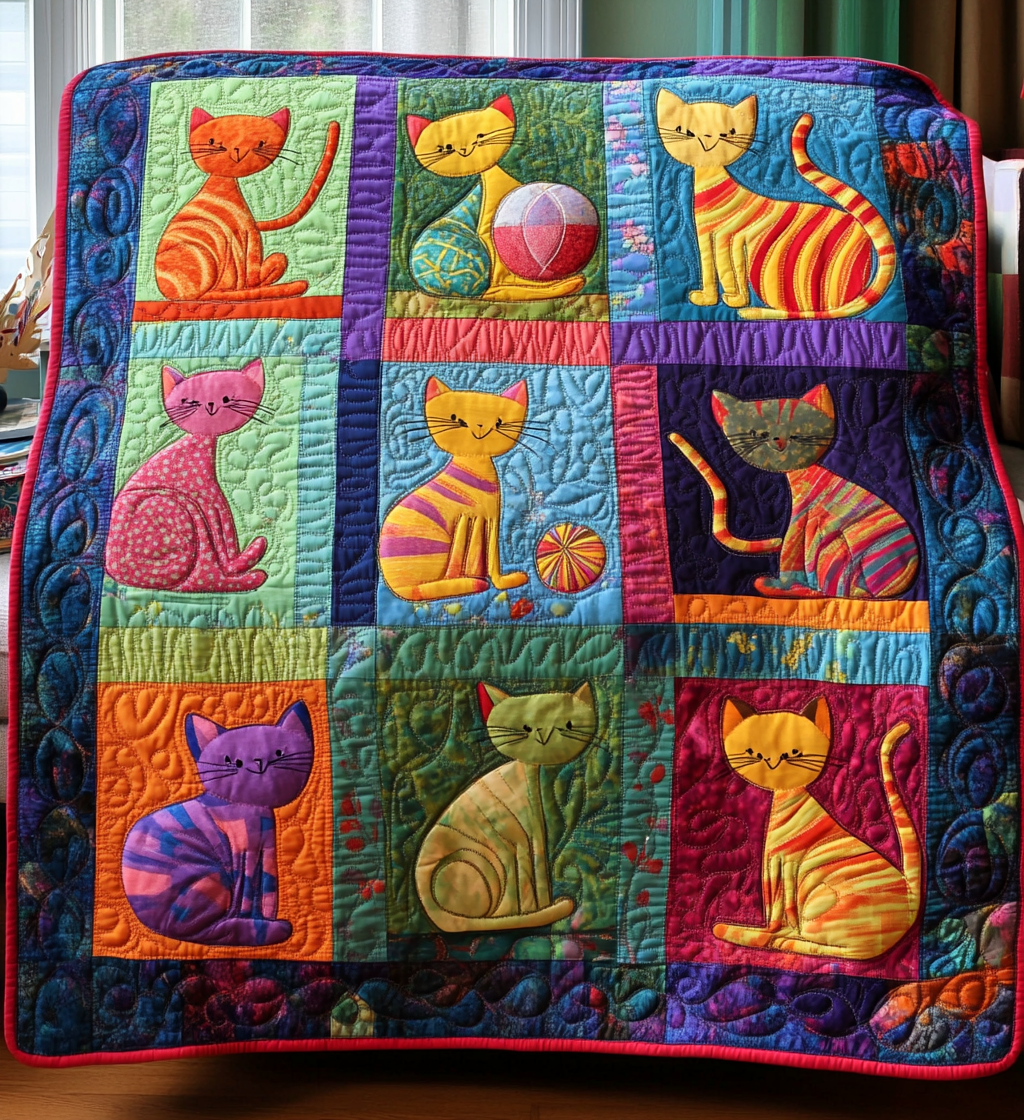 Kaleidoscope Kittens Quilted Blanket Comforter Sets Queen Best Cat Presents