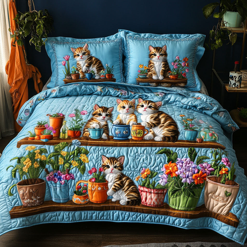 Kitten Garden Party Quilted Bedding Set Aesthetic Room Decor Unique Cat Gifts