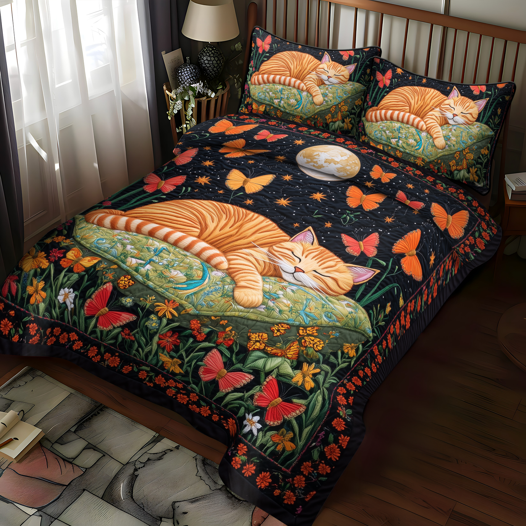 Kitty Dreams Quilted Bedding Set Bed Room Decoration Gifts For New Cat Owners