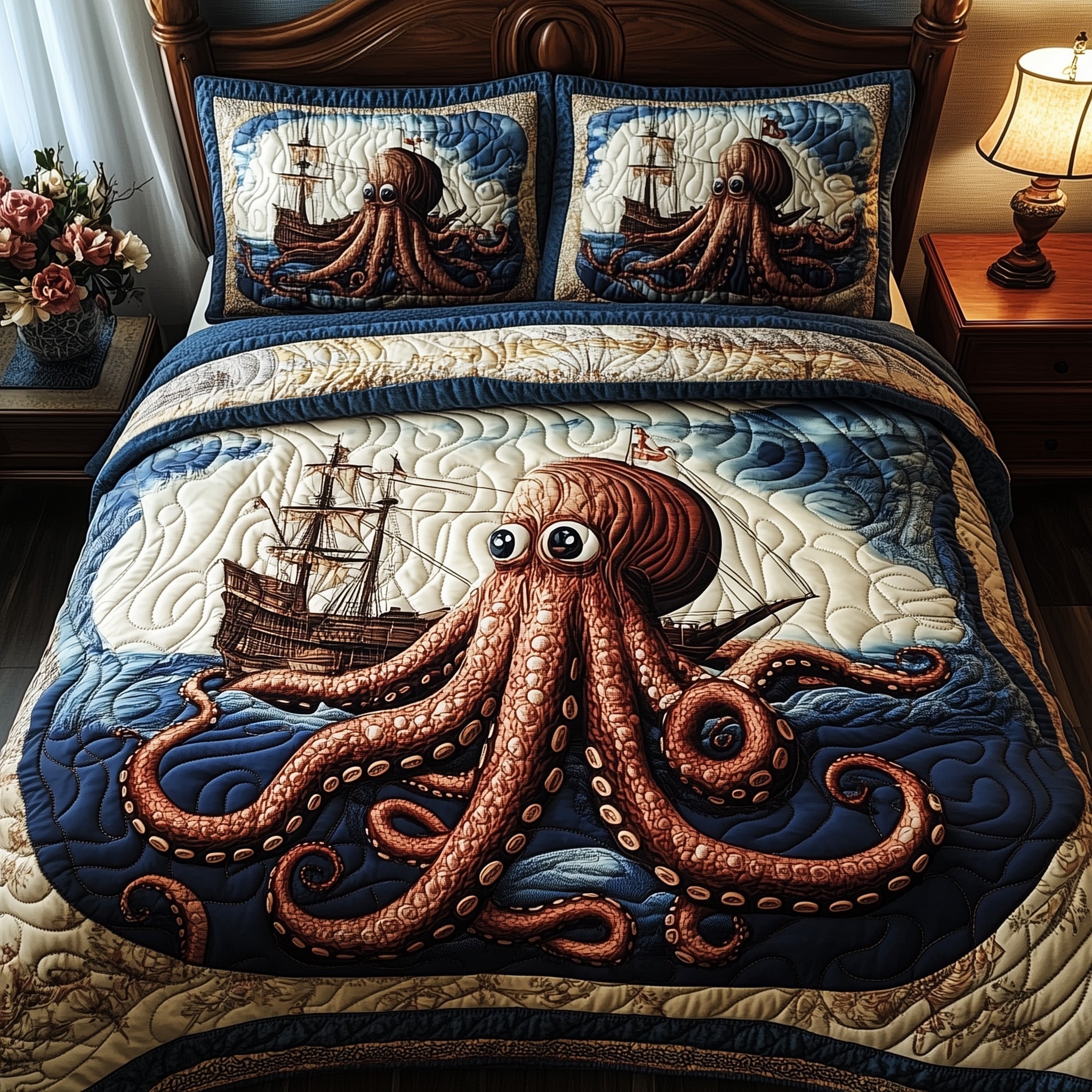 Kraken Quilted Bedding Set Bed Decor Octopus Lover Gifts