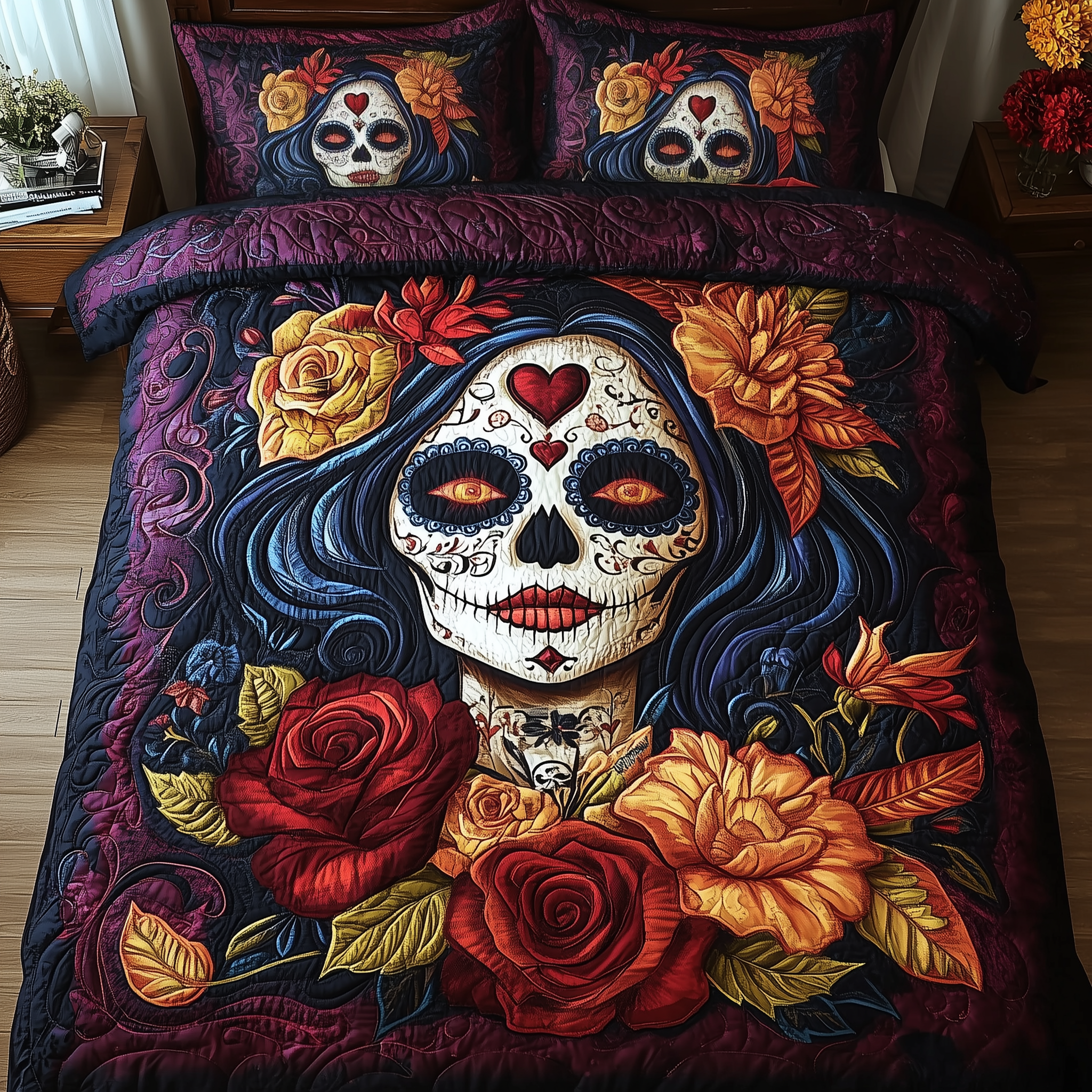 La Belle Muerte Quilted Bedding Set Best Bedsheets Day Of The Dead Gift