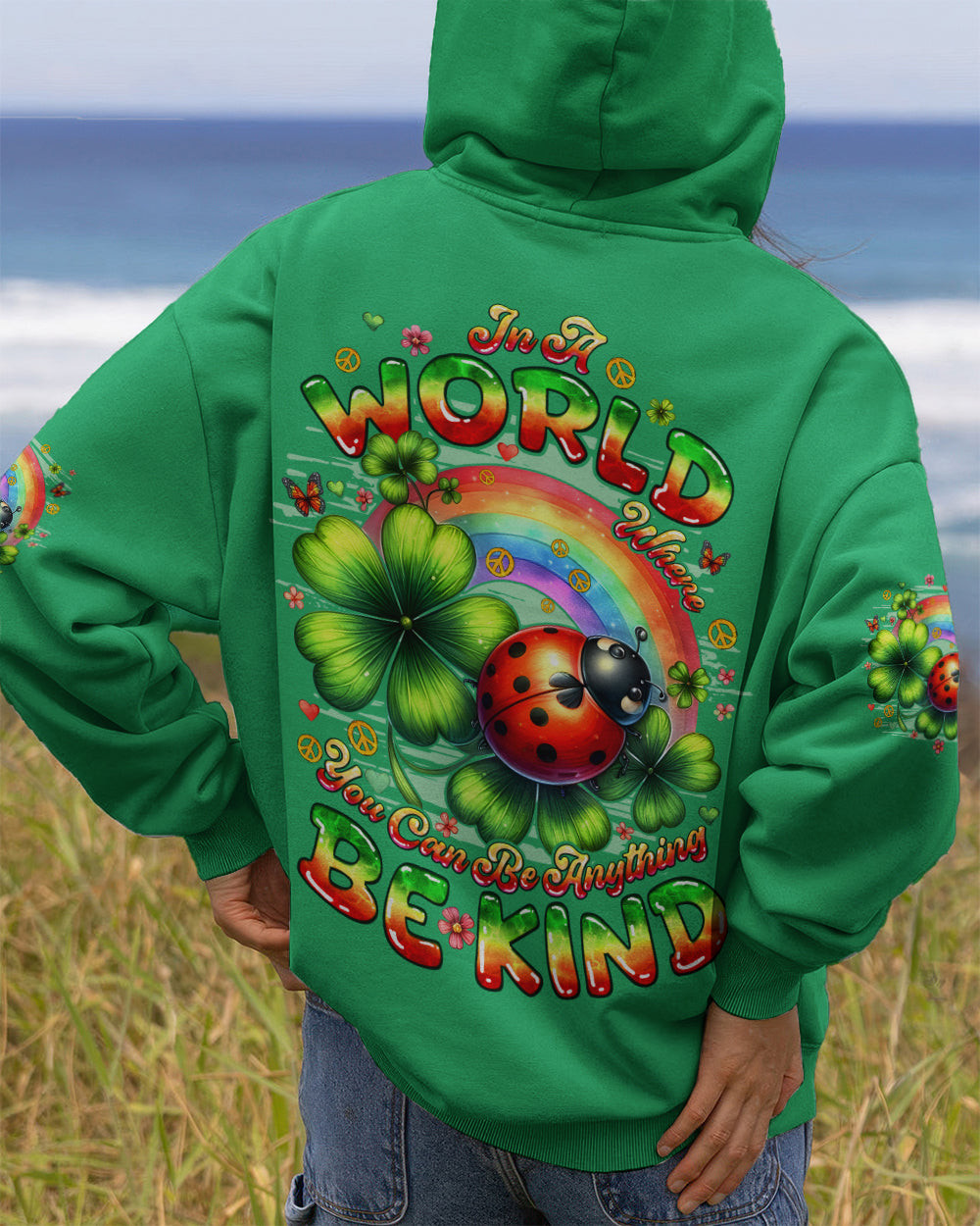 Ladybug In A World Where You Can Be Anything Be Kind Hoodie Rainbow Clovers Art Pullover For Her - Image 2