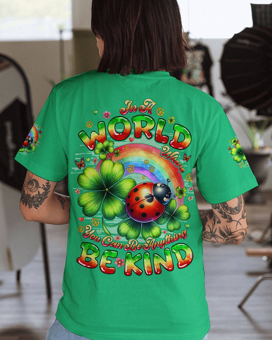 Ladybug In A World Where You Can Be Anything Be Kind T-Shirt Rainbow Clovers Art Tee For Her